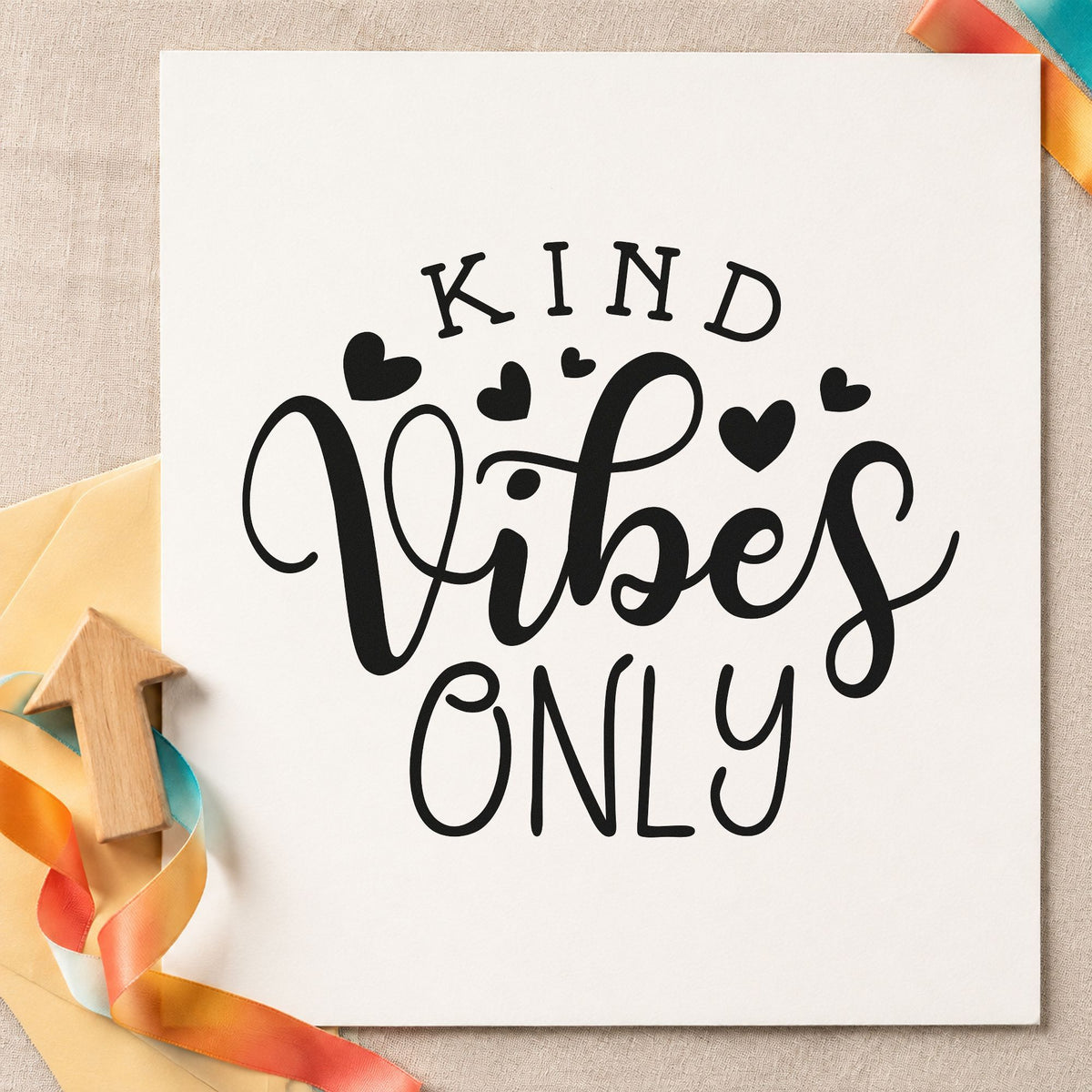 Kind Vibes Only Hearts craft stamp in black ink on cardstock, an easy option for skate album page.