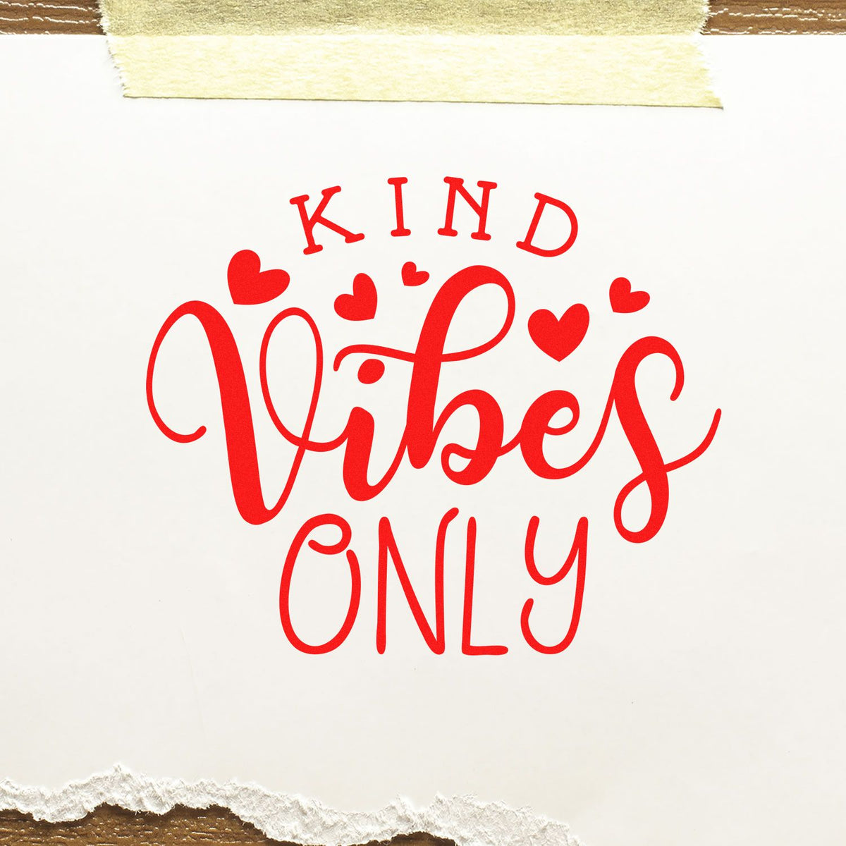 Red Kind Vibes Only rubber stamp design with hearts, ideal for uplifting handmade cards and craft projects.