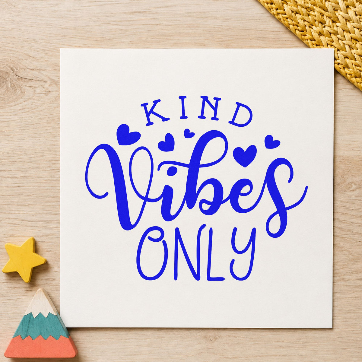 Kind Vibes Only Hearts craft stamp in blue ink on cardstock, an easy option for shop tee printing.