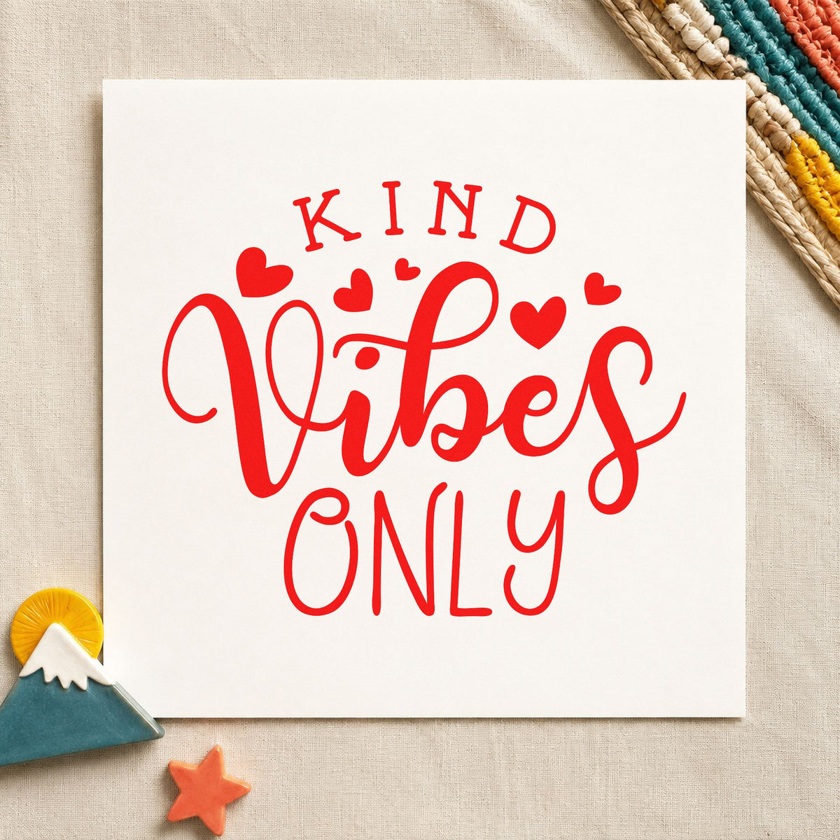 Kind Vibes Only Hearts rubber stamp shown in red ink, stamped for projects such as rack deck labels.