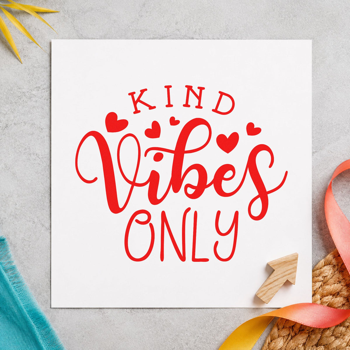 Kind Vibes Only Hearts craft stamp imprint in red ink on a handmade project, one idea being trick goal cards.