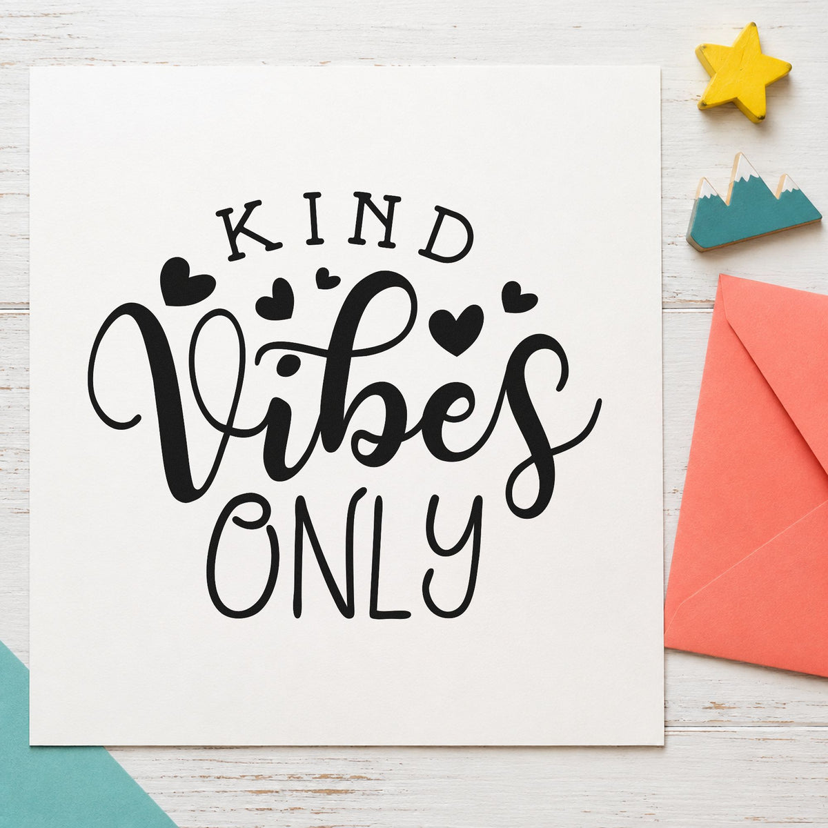 Kind Vibes Only Hearts rubber stamp printed in black ink, ready for solid heart cards and similar paper crafts.