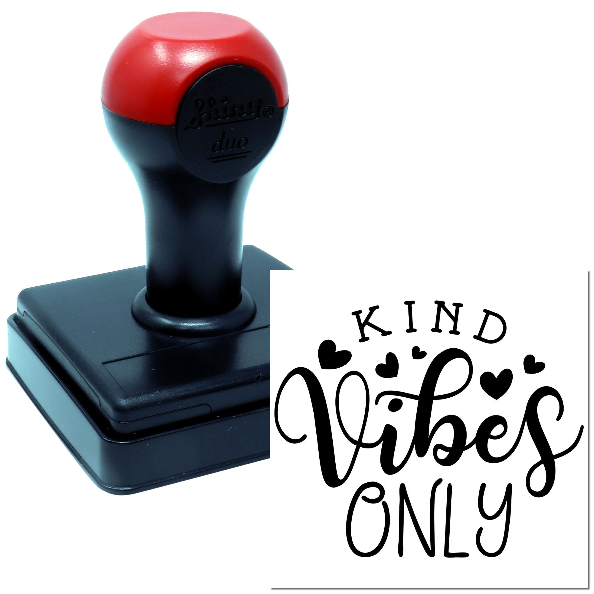 Custom self-inking rubber stamp with Kind Vibes Only heart design for cards, crafts, and packaging.