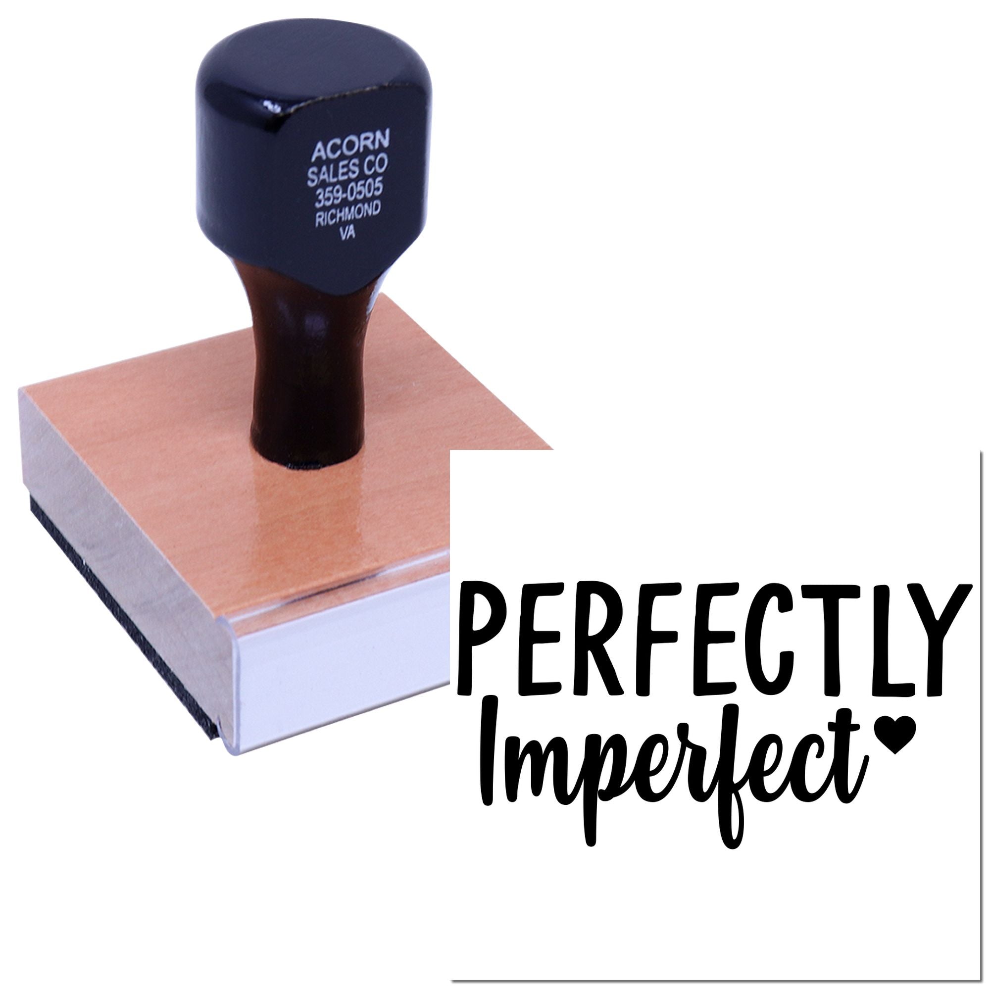 Custom rubber stamp reading Perfectly Imperfect for handmade product packaging and small business branding.