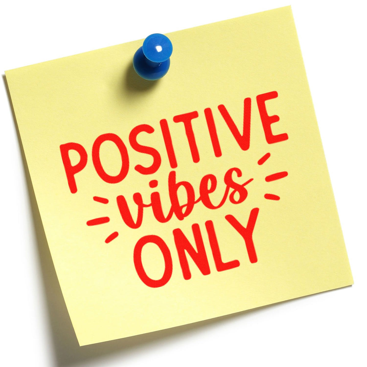Positive vibes only rubber stamp on sticky note, ideal for uplifting packaging, planners, and craft projects.