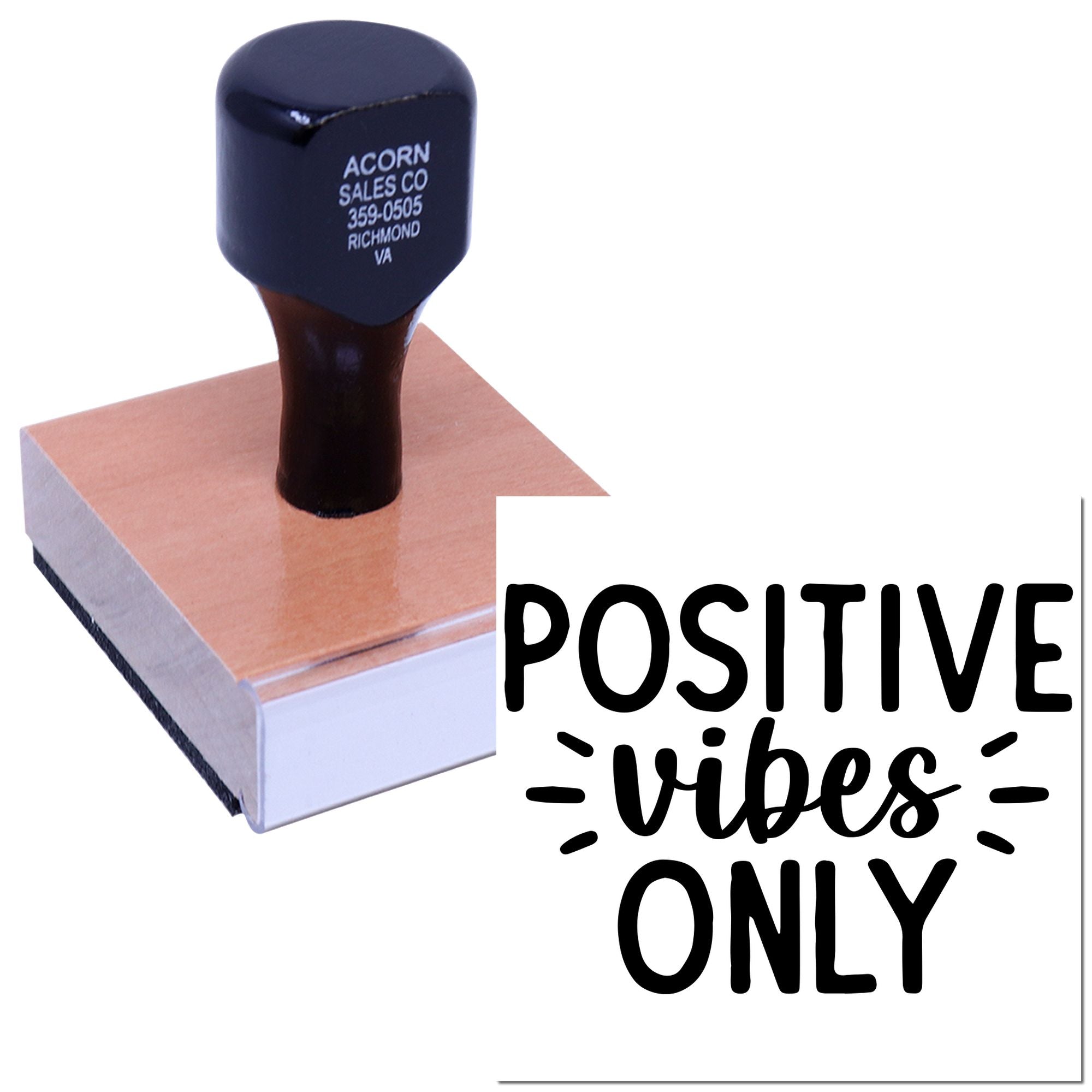 Positive Vibes Only rubber stamp design for custom branding, crafting, and motivational packaging.