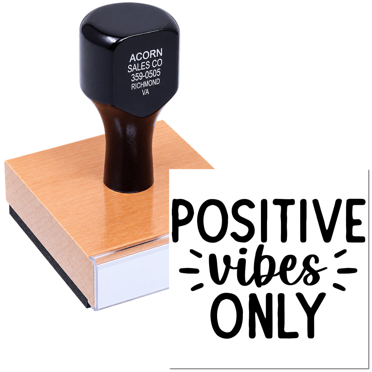 Positive Vibes Only rubber stamp design for custom branding, crafting, and motivational packaging.