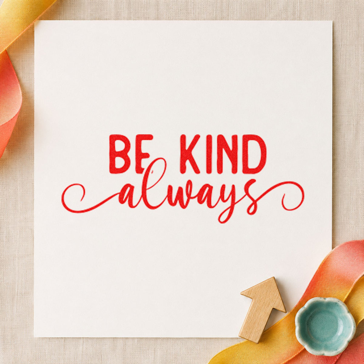 Be Kind Always Script rubber stamp shown in red ink, stamped for projects such as drawer stationery labels.