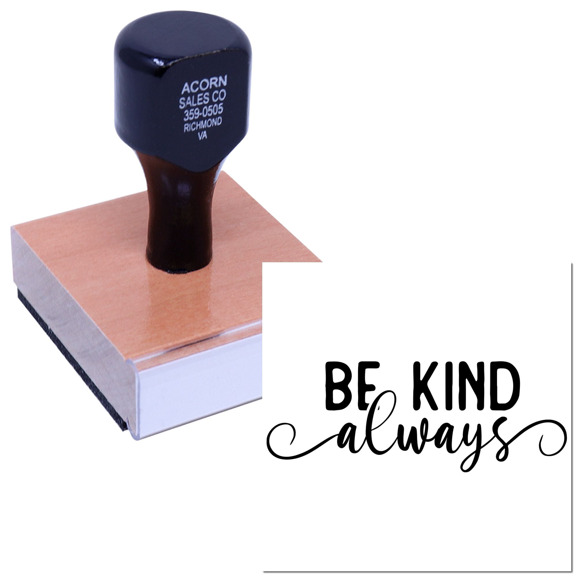 Custom rubber stamp with Be Kind always message for uplifting business branding and packaging.