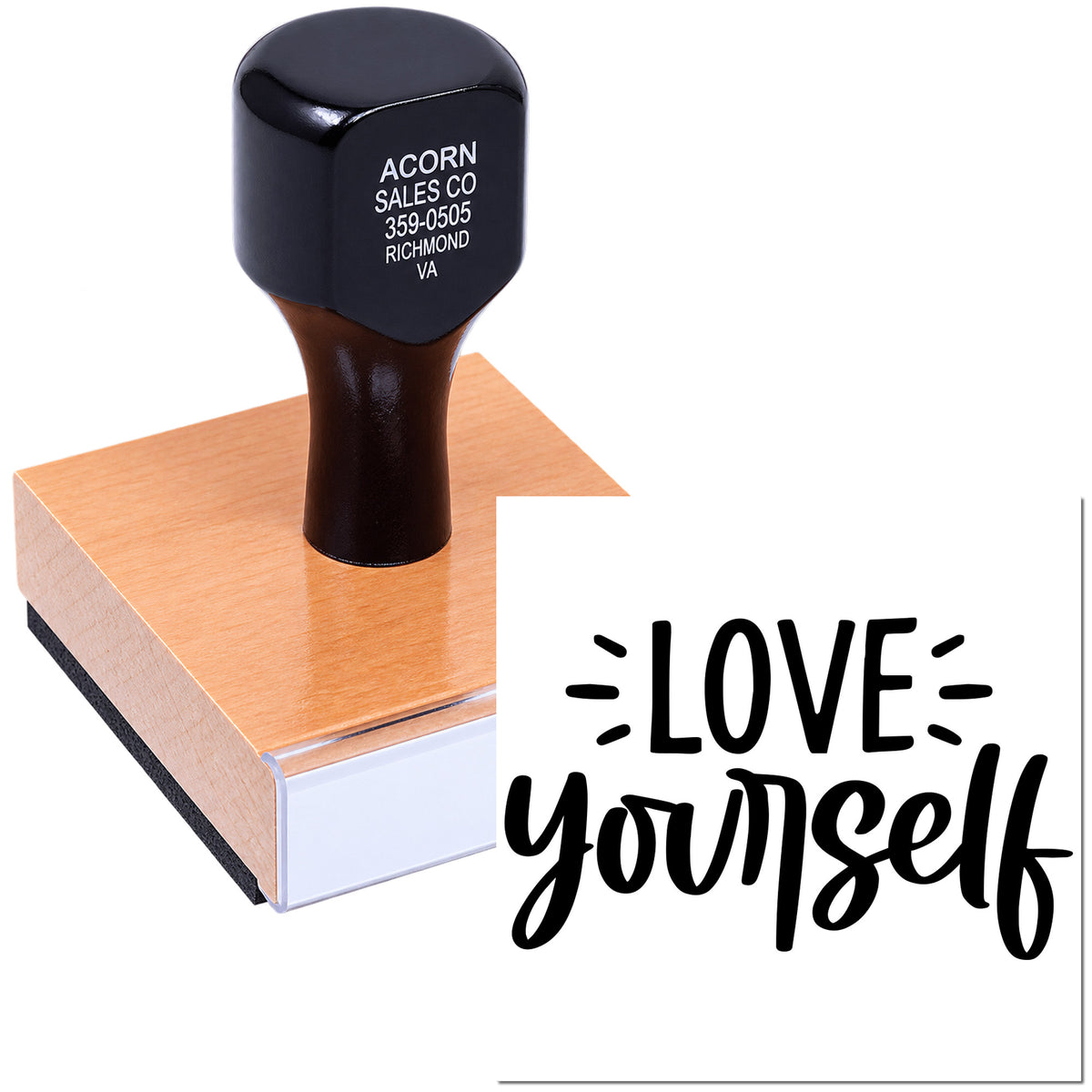 Custom rubber stamp with Love Yourself design for DIY crafts, branding, and personalized stamping.