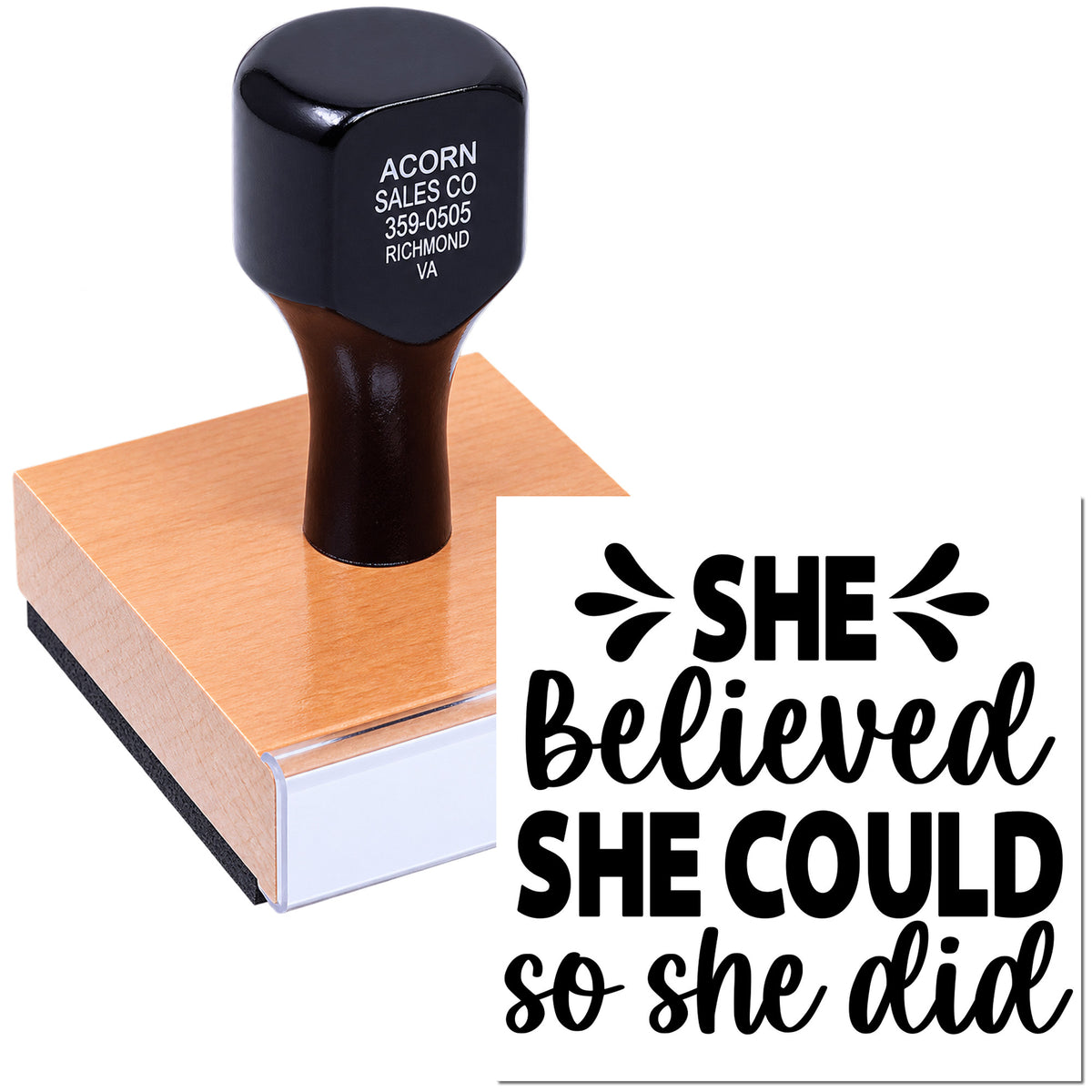 Custom rubber stamp with inspirational quote, She believed she could so she did, for motivational crafting and business use.