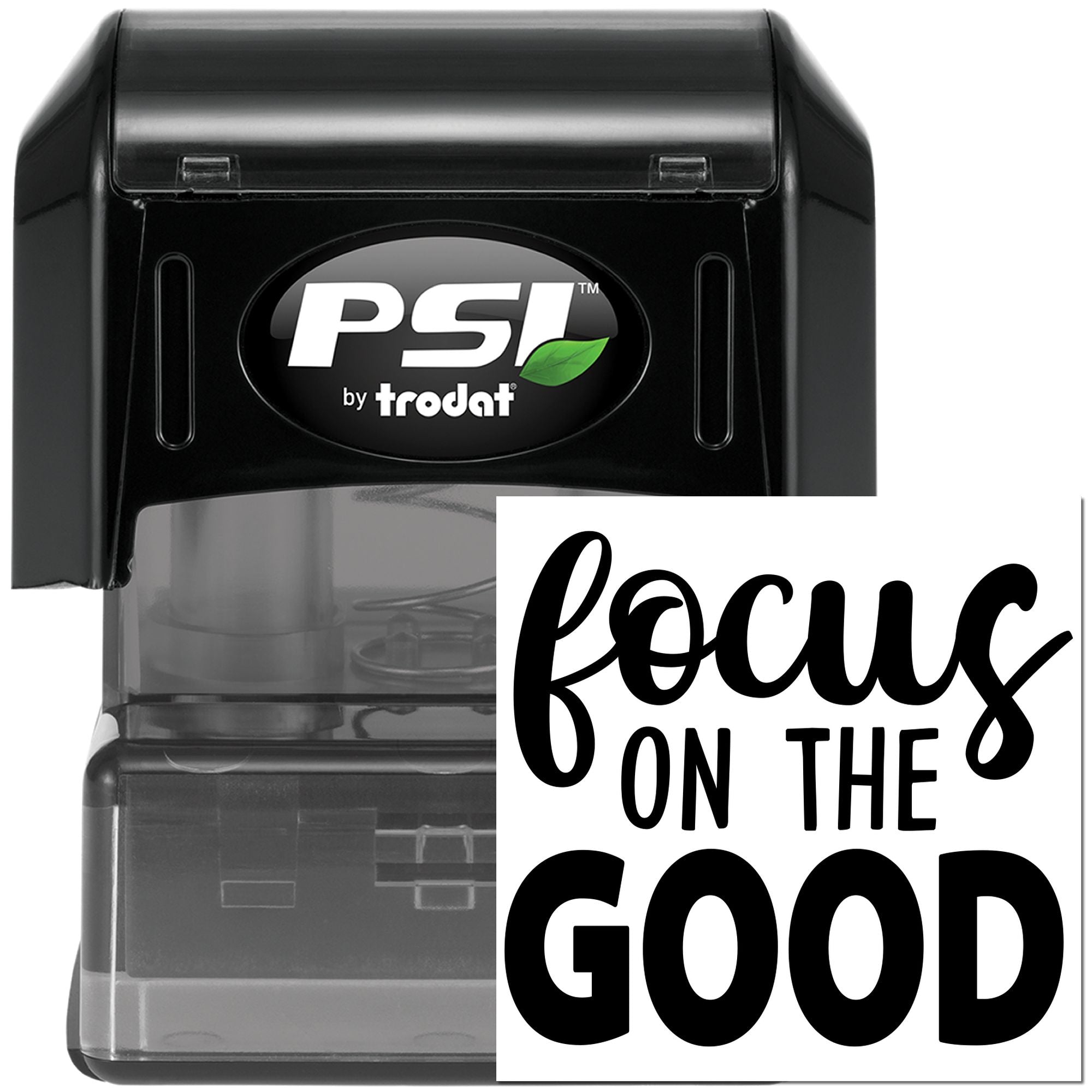 PSI by Trodat self-inking rubber stamp with custom Focus on the Good design for quick, professional stamping.