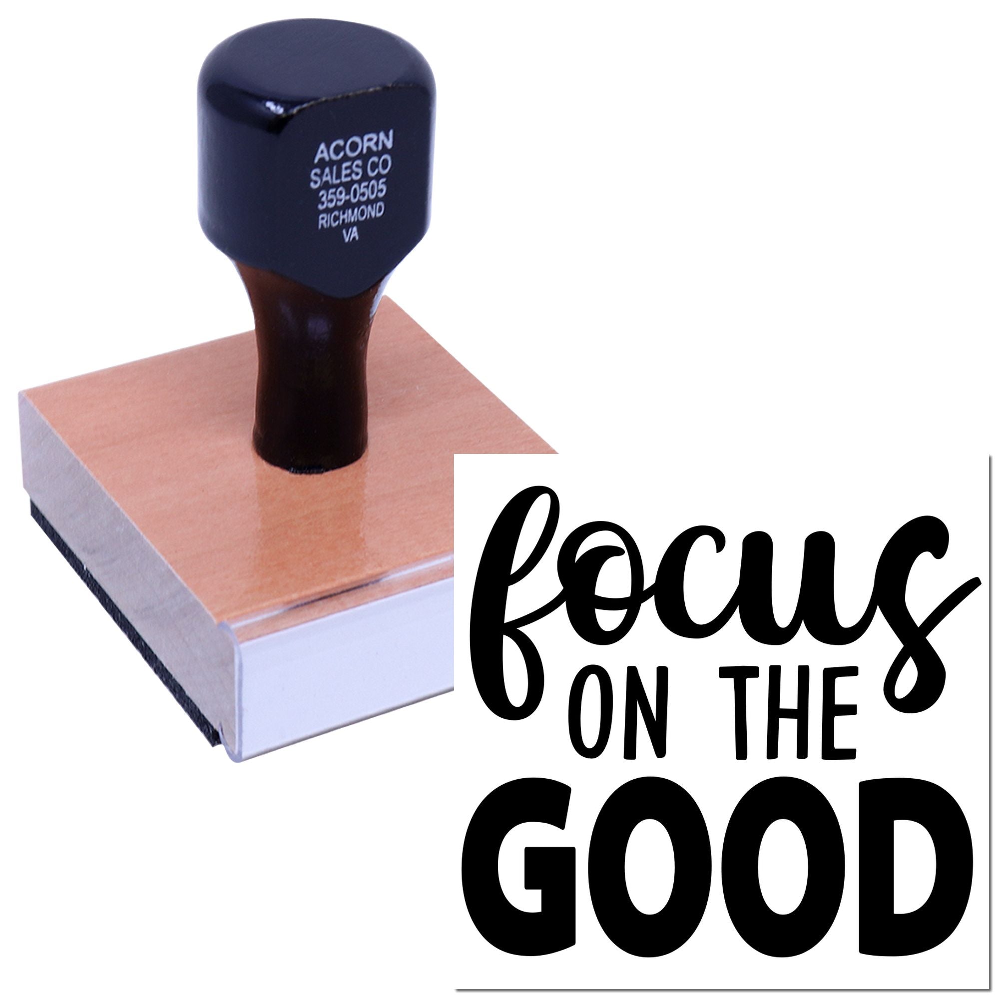 Custom rubber stamp with Focus on the Good design for motivational crafts, branding, and handmade projects.