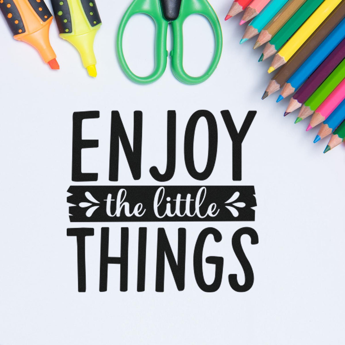 Enjoy the Little Things rubber stamp design with colorful crayons and scissors, ideal for journaling, crafts, and DIY projects.