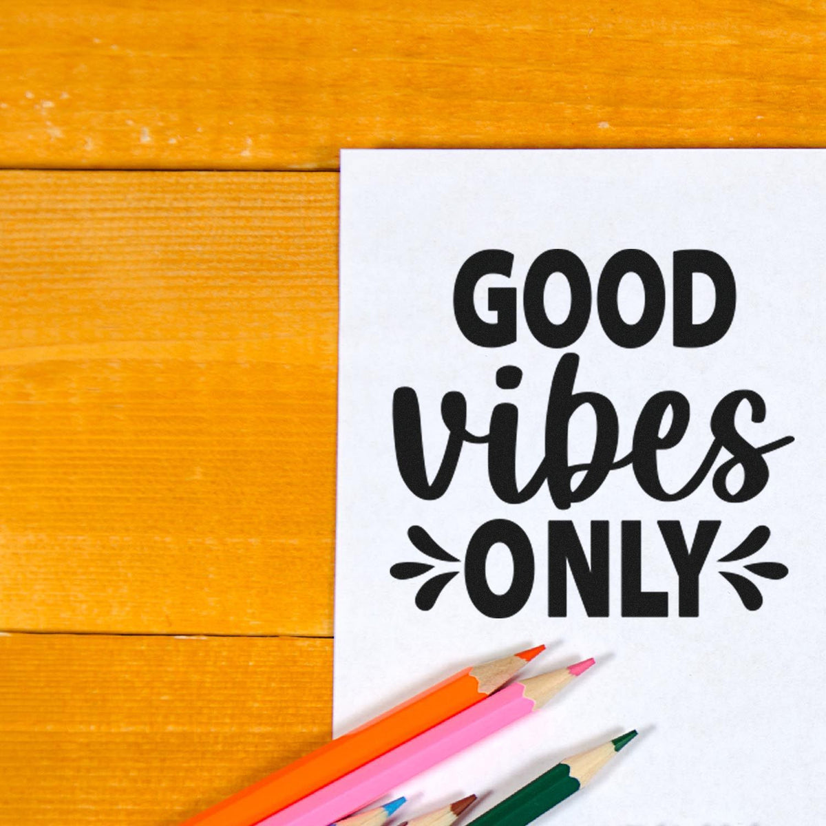 Good Vibes Only rubber stamp design on paper, perfect for DIY crafts, scrapbooking, and cheerful stationery.