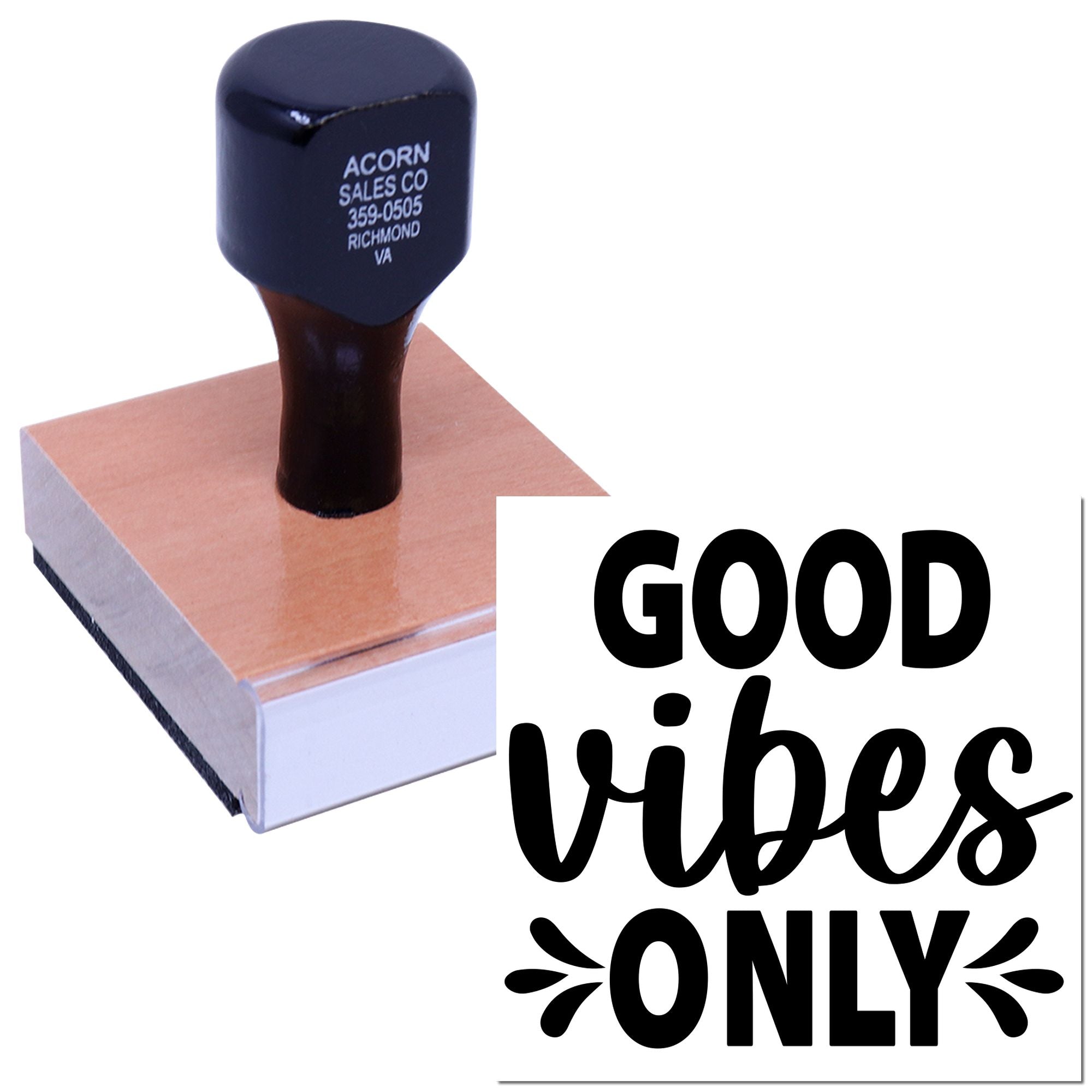 Wooden rubber stamp printing Good Vibes Only for branding, crafts, and packaging.