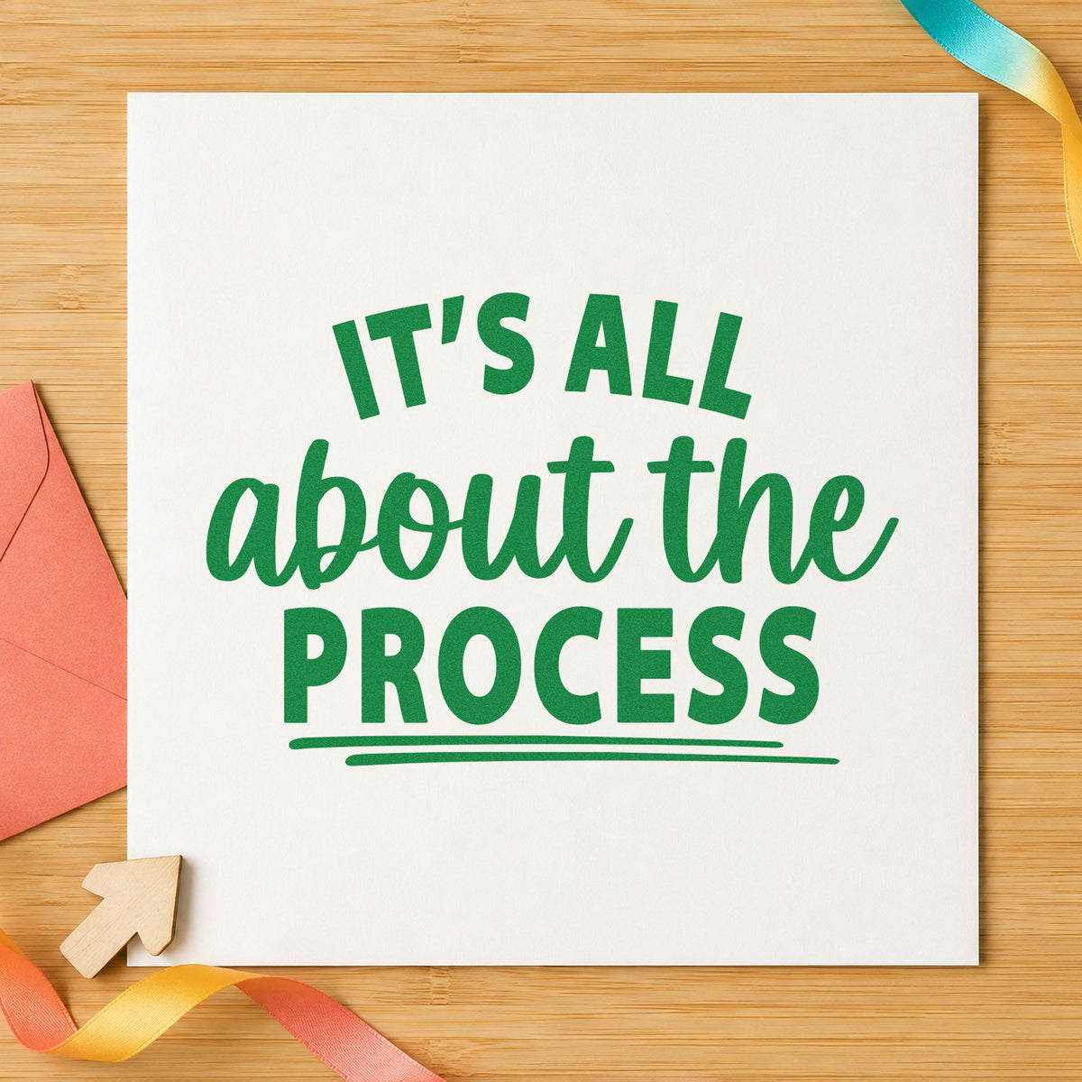 All About The Process craft stamp in green ink on cardstock, an easy option for darkroom album page.