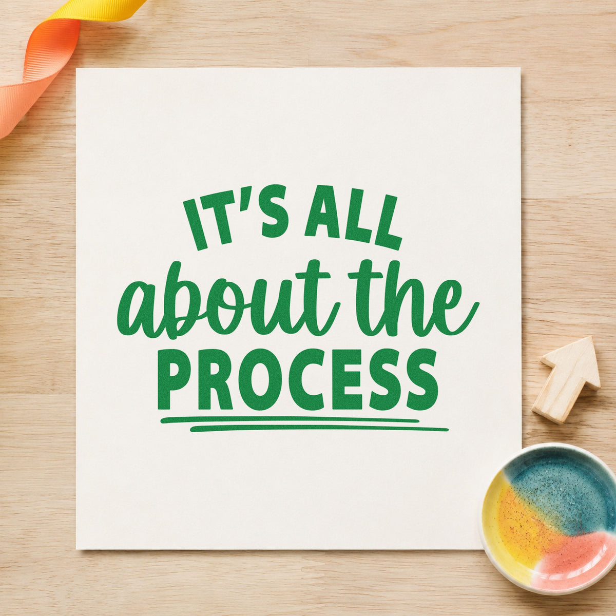 All About The Process craft stamp imprint in green ink on a handmade project, one idea being exposure note cards.