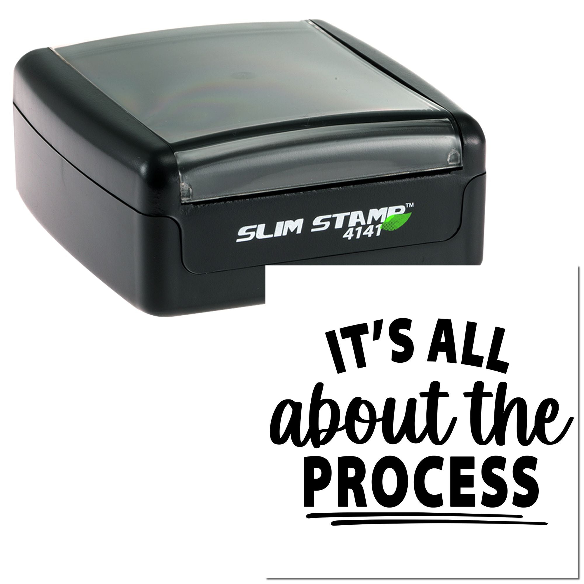 Self-inking rubber stamp with custom Its all about the process imprint for business branding, packaging, and office use