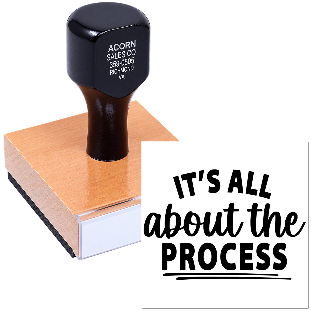 Custom rubber stamp logo with Its all about the process design and Acorn Sales Co imprint for business branding.