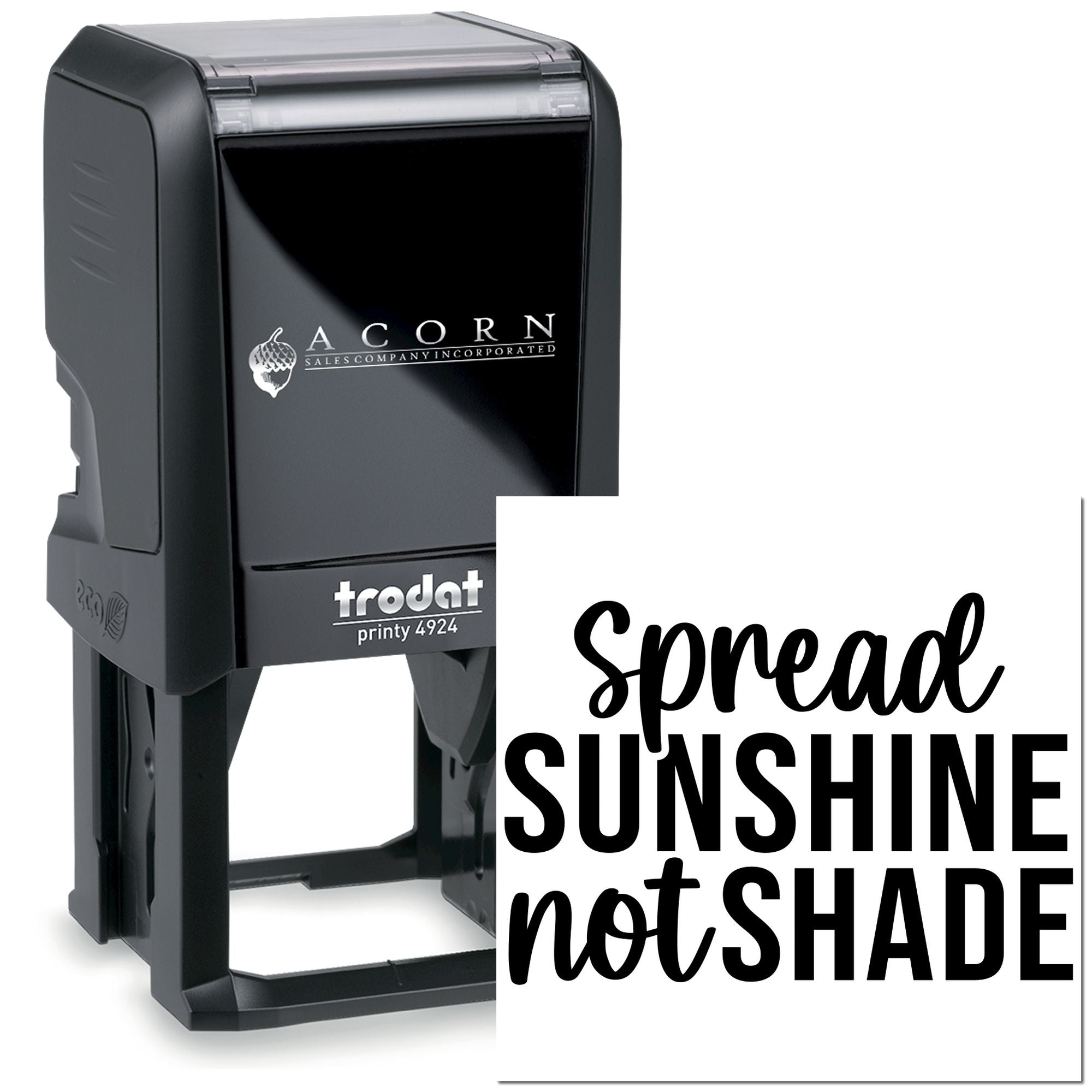 Custom self-inking rubber stamp with personalized logo, showing a "spread sunshine not shade" imprint sample.