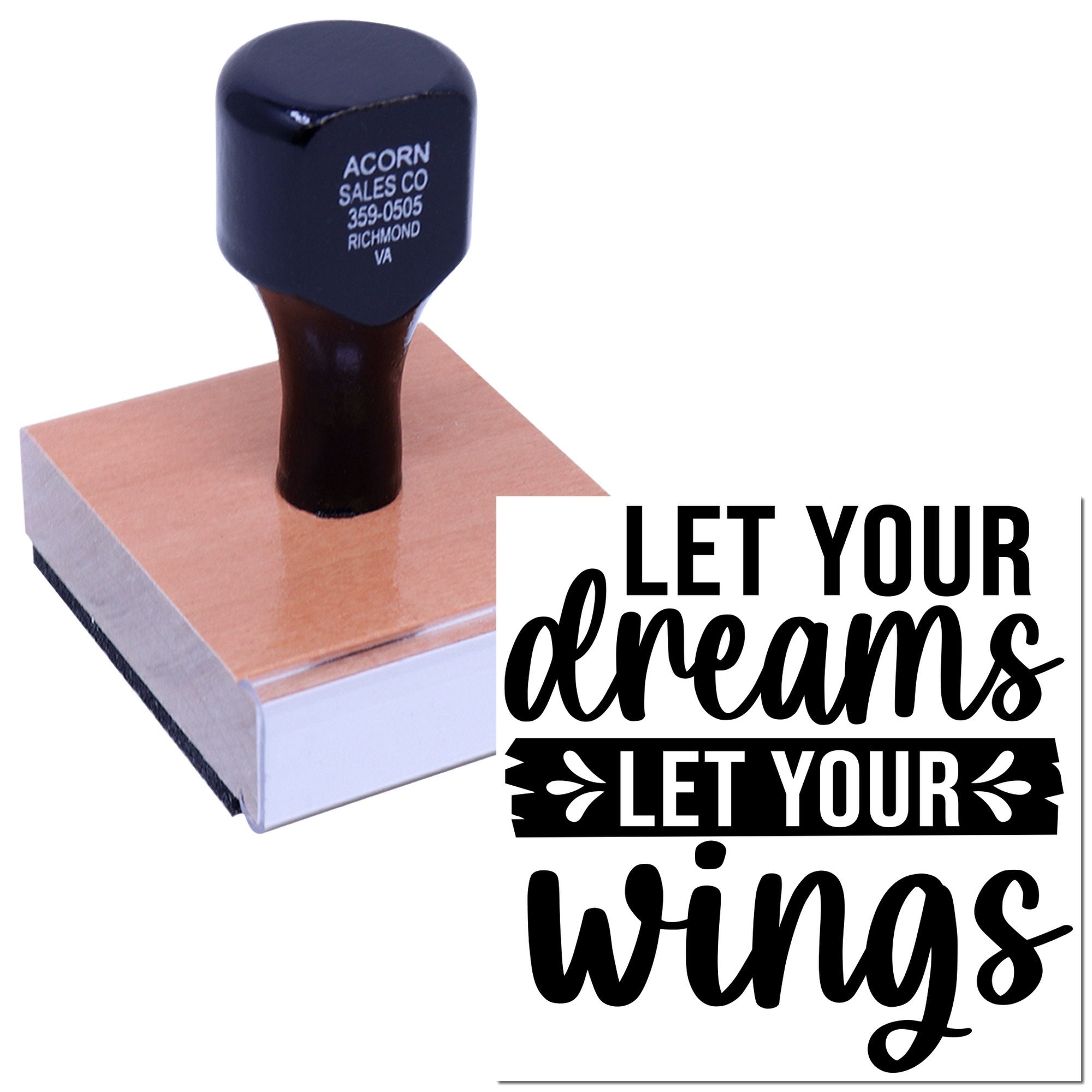 Custom rubber stamp with inspirational Let Your Dreams, Let Your Wings design for crafts, branding, and packaging.