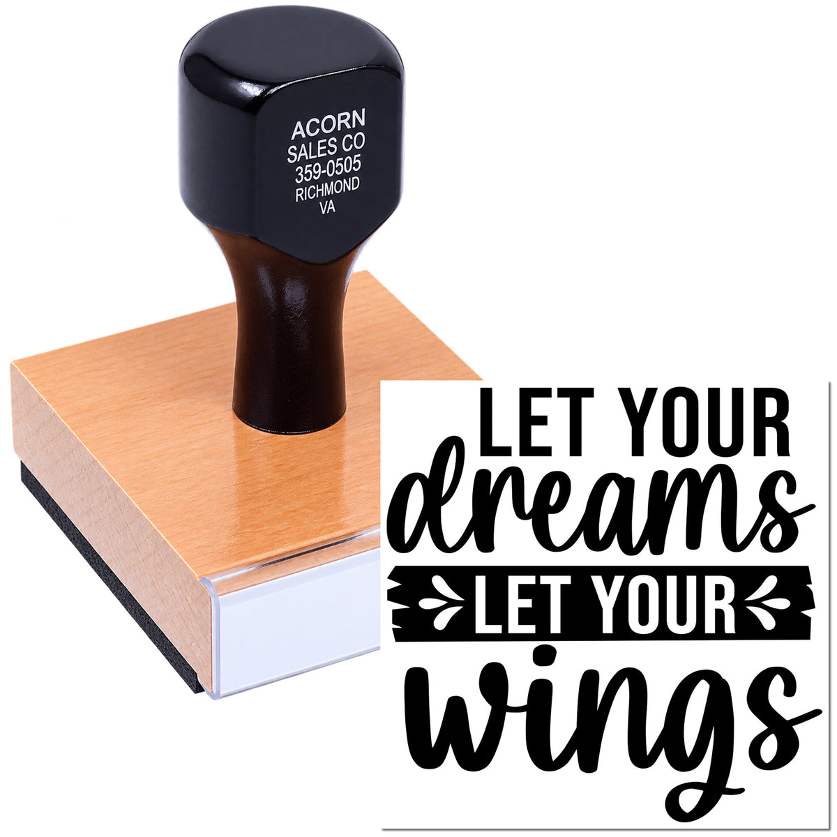 Custom rubber stamp with inspirational Let Your Dreams, Let Your Wings design for crafts, branding, and packaging.