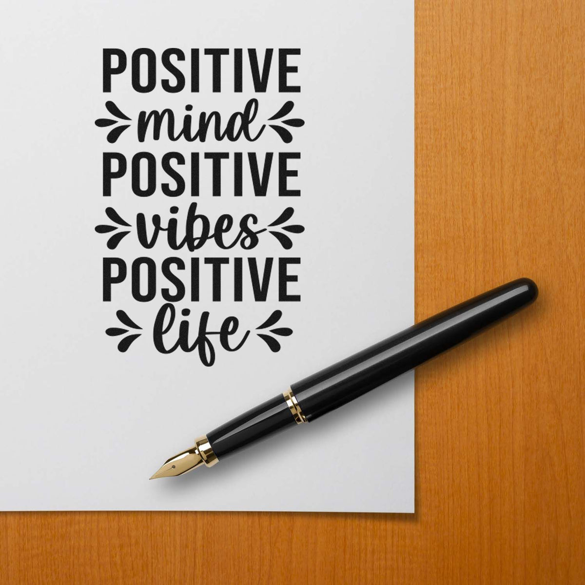 Positive Mind Positive Vibes Positive Life rubber stamp design for motivational journaling, stationery, and crafts.