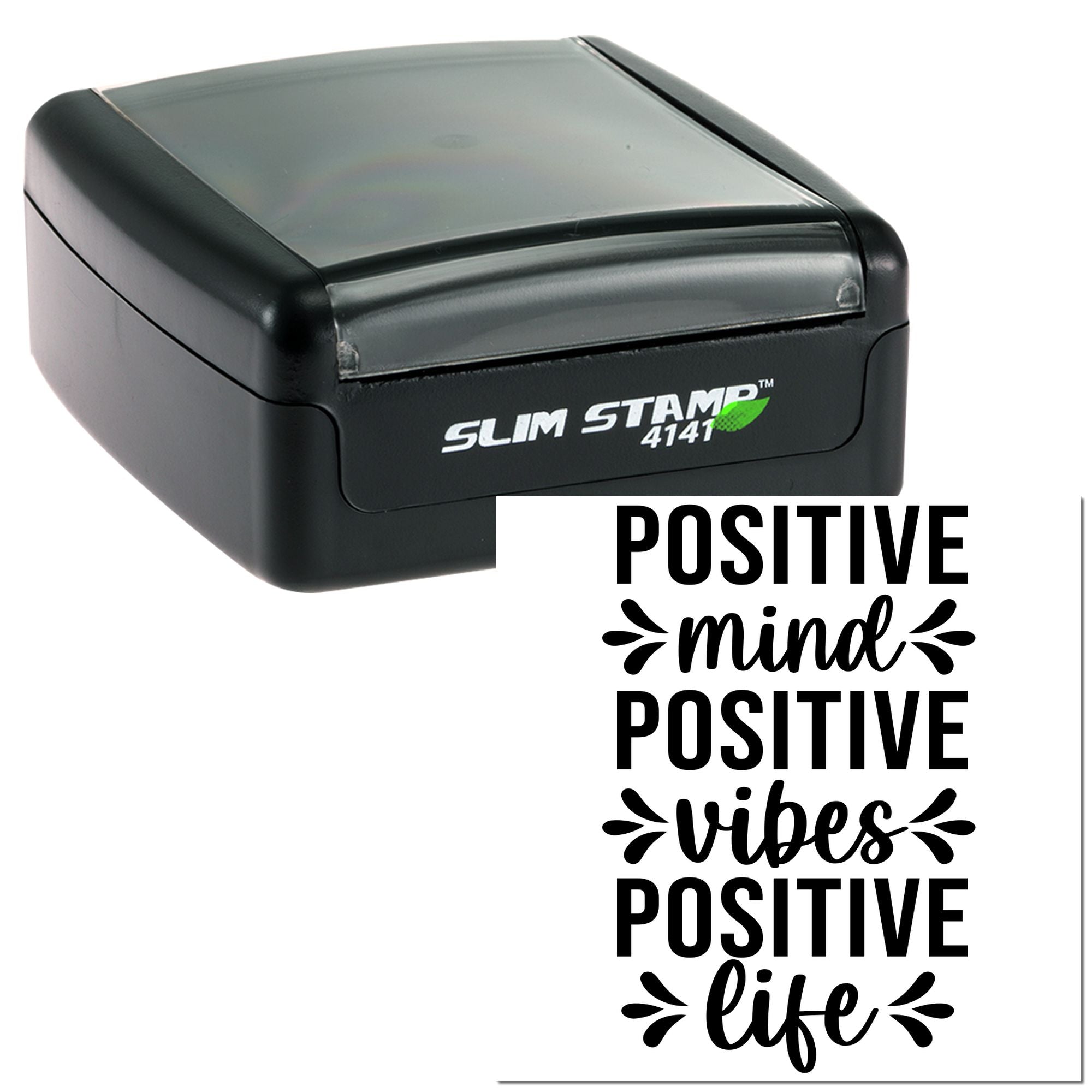 Self-inking rubber stamp with Positive Mind, Positive Vibes, Positive Life design for motivational office and craft use.