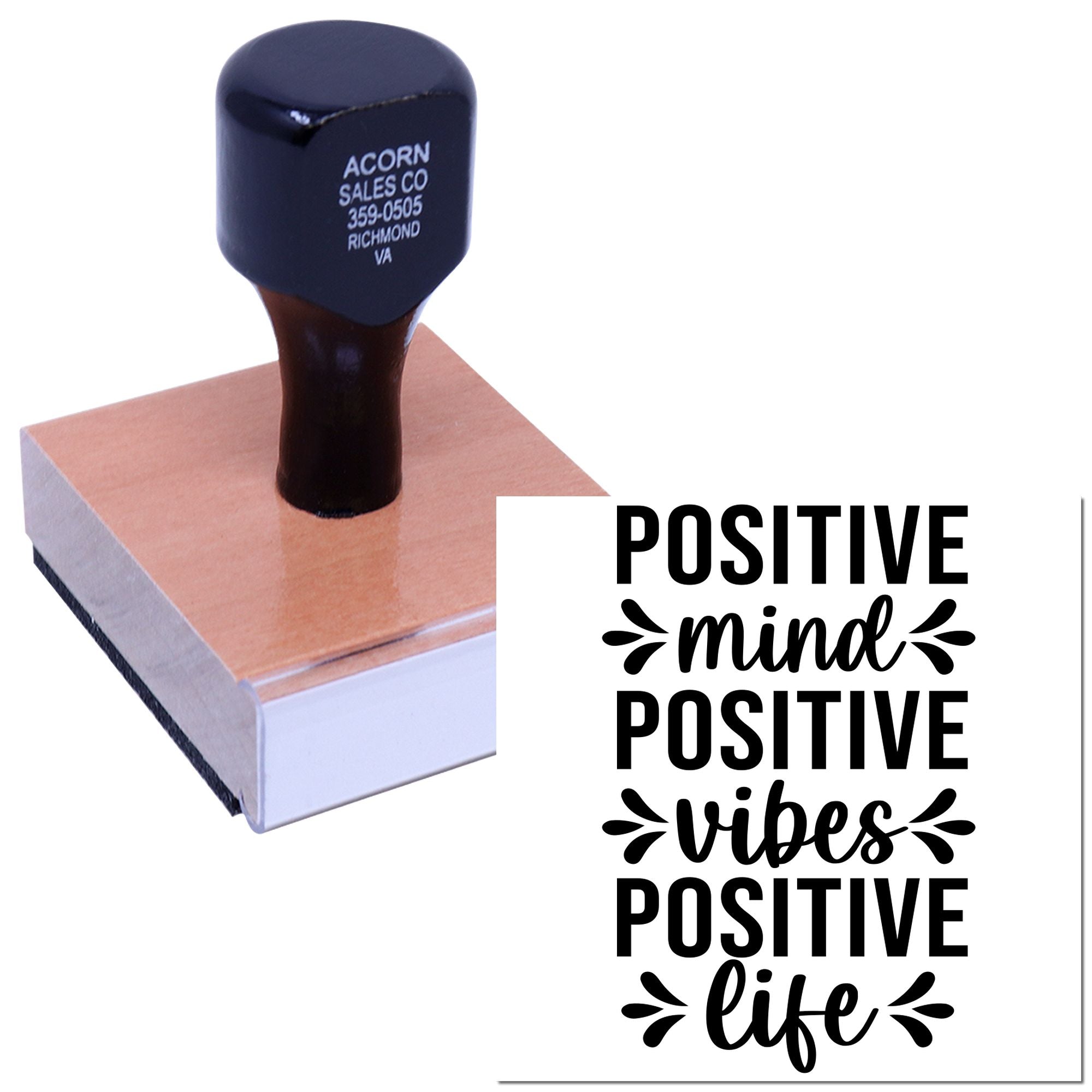 Positive mind positive vibes positive life custom rubber stamp for inspirational crafts, cards, and business branding.