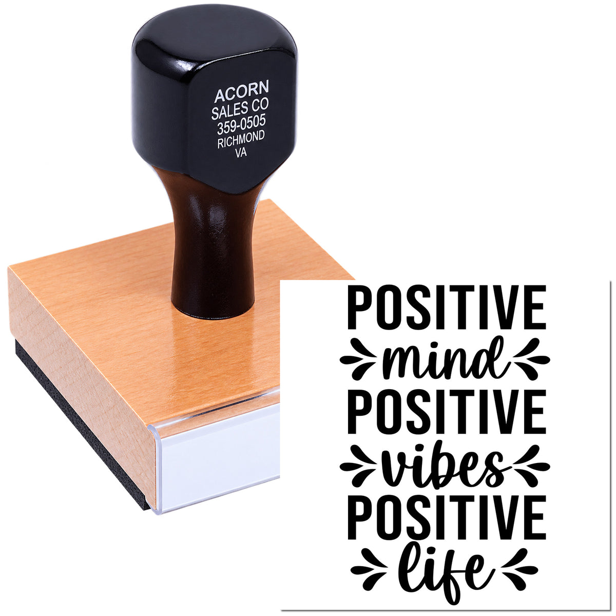 Positive mind positive vibes positive life custom rubber stamp for inspirational crafts, cards, and business branding.