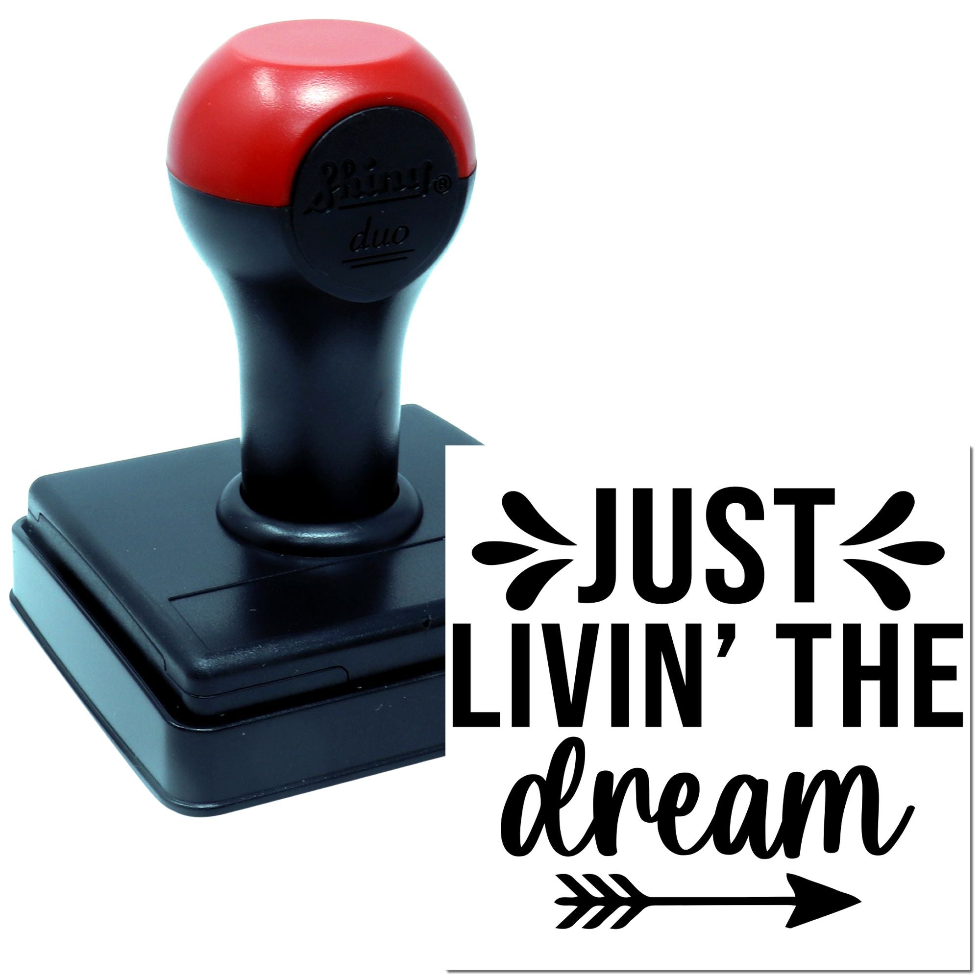 Self-inking rubber stamp with Just Livin the Dream quote, ideal for custom motivational crafts, cards, and packaging.