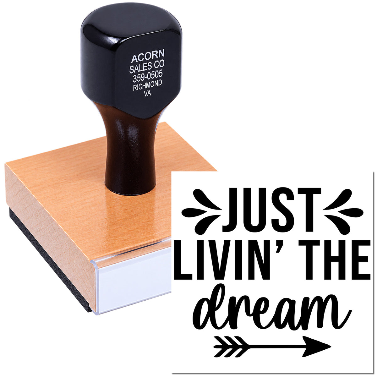 Custom rubber stamp with Just Livin the Dream design for personalized crafts, branding, and stationery.