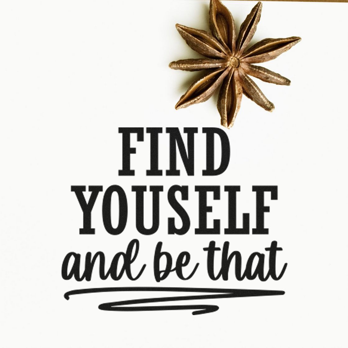 Inspirational quote rubber stamp design reading Find yourself and be that in bold and script lettering.