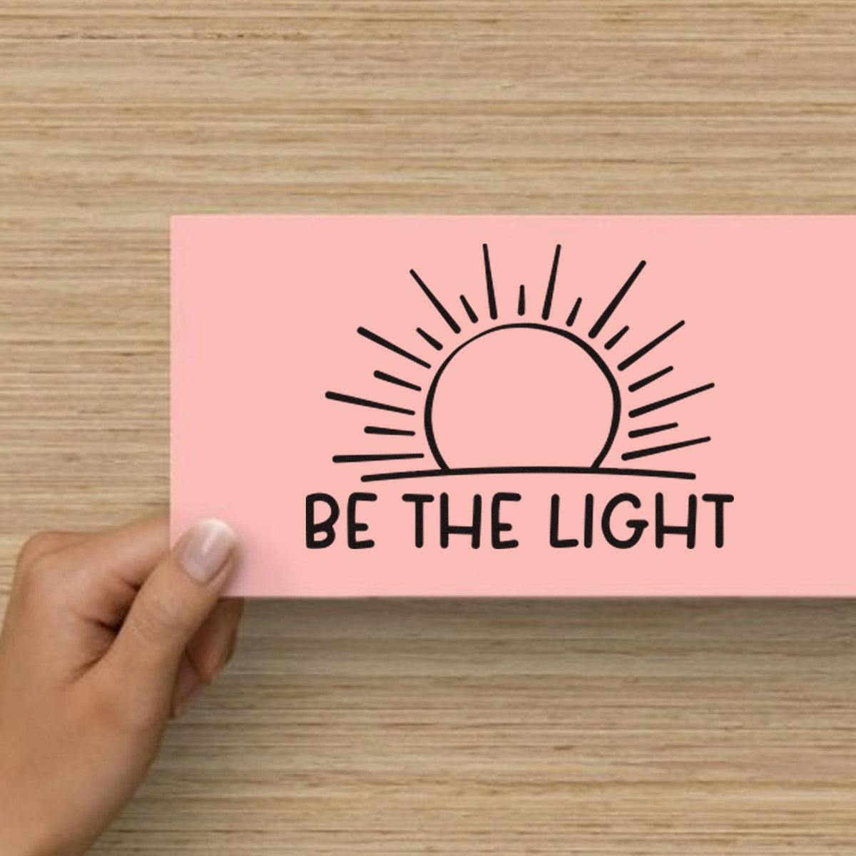 Inspirational rubber stamp design with sunrise and Be the Light text for handmade cards, journaling, and craft projects.