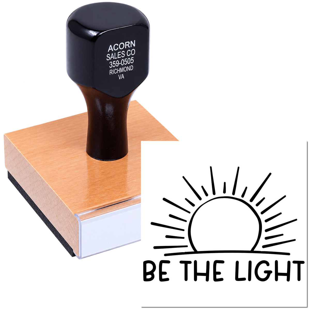 Custom rubber stamp with Be the Light logo, ideal for business branding, packaging, and stationery.