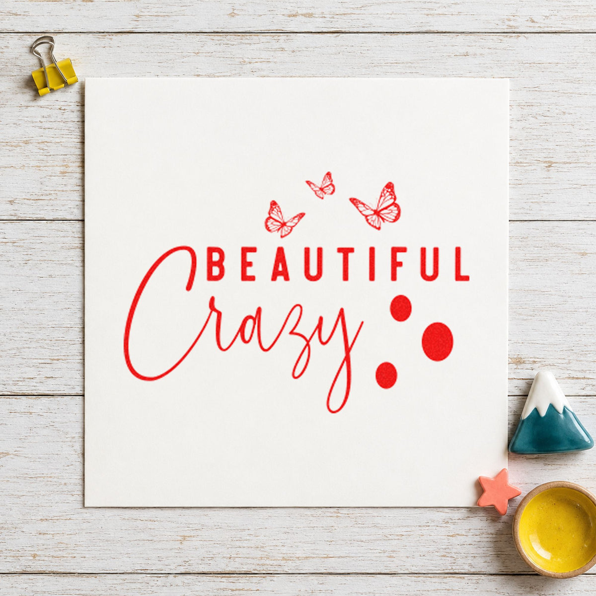 Beautiful Crazy Butterflies craft stamp imprint in red ink on a handmade project, one idea being memory slip cards.