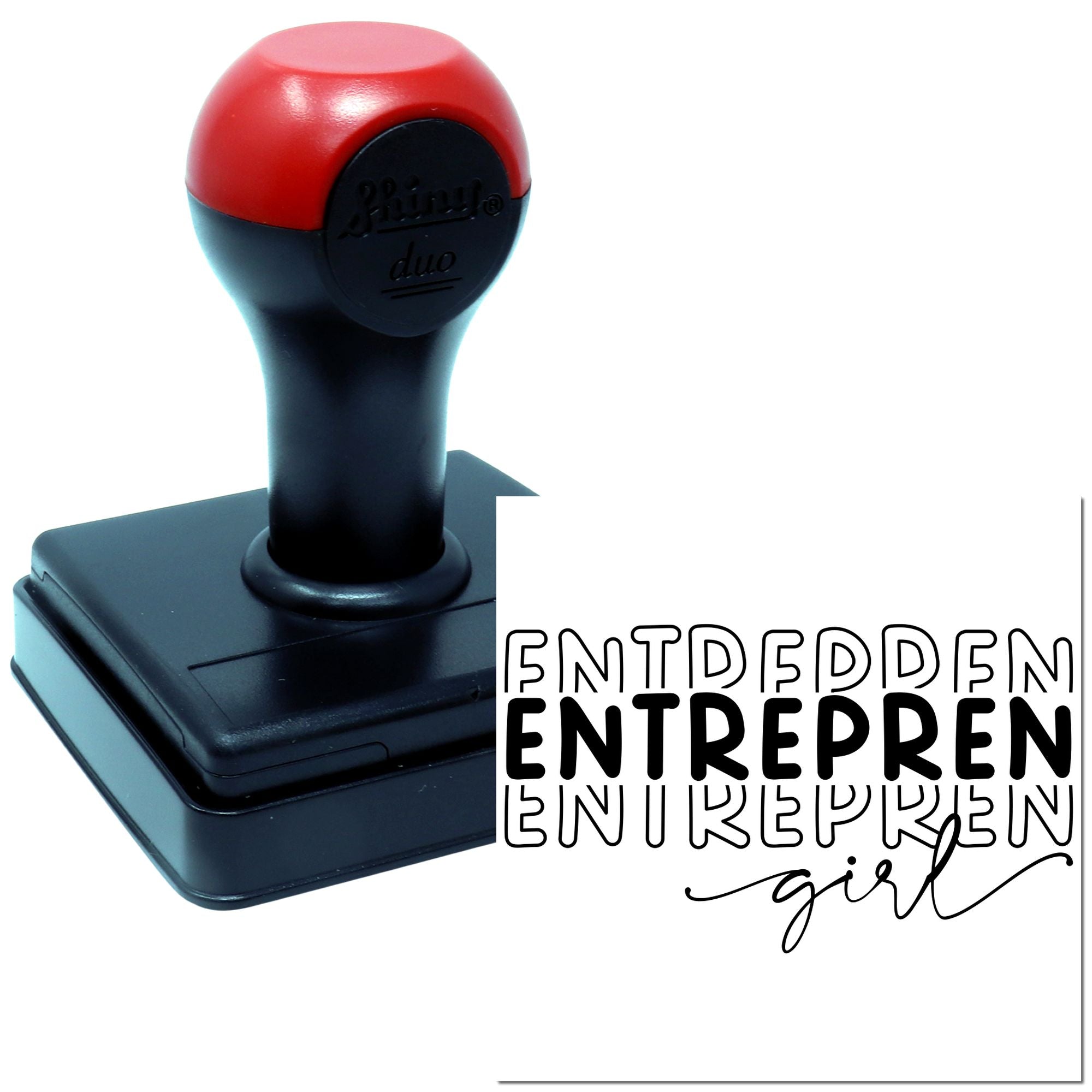 Self-inking rubber stamp with custom entrepreneur girl design for branding, office use, and personalized business stationery.