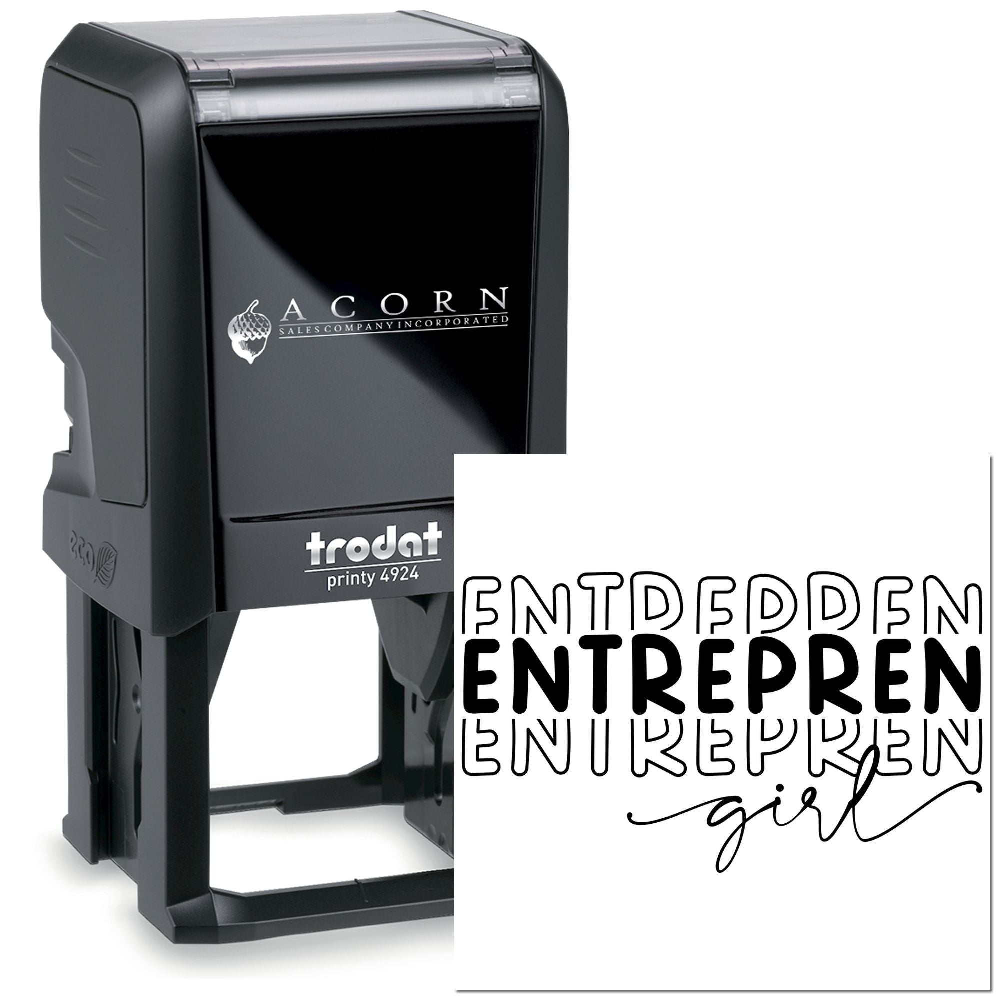 Custom Trodat Printy 4924 self-inking rubber stamp showing logo and sample entrepreneur text design