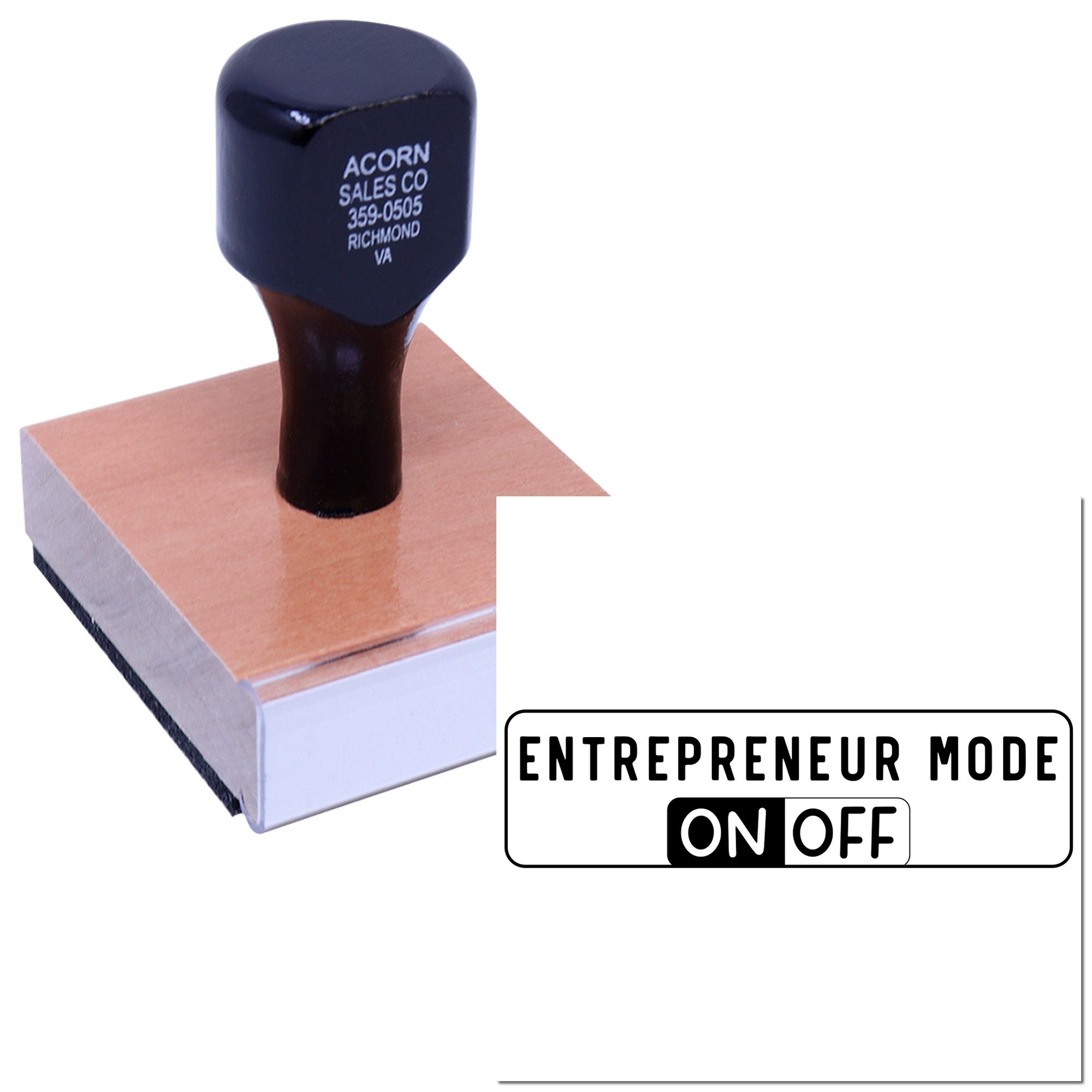 Custom rubber stamp for Entrepreneur Mode ON/OFF, shown on a block with business address imprint.