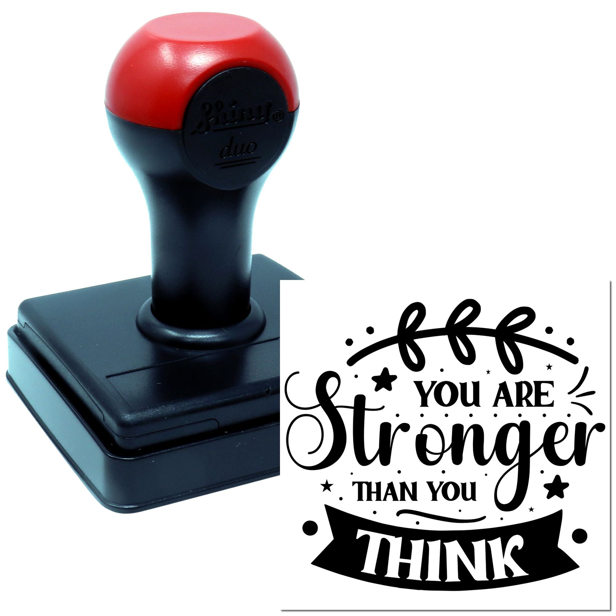 Self-inking rubber stamp with You Are Stronger Than You Think quote for motivational custom stamping.