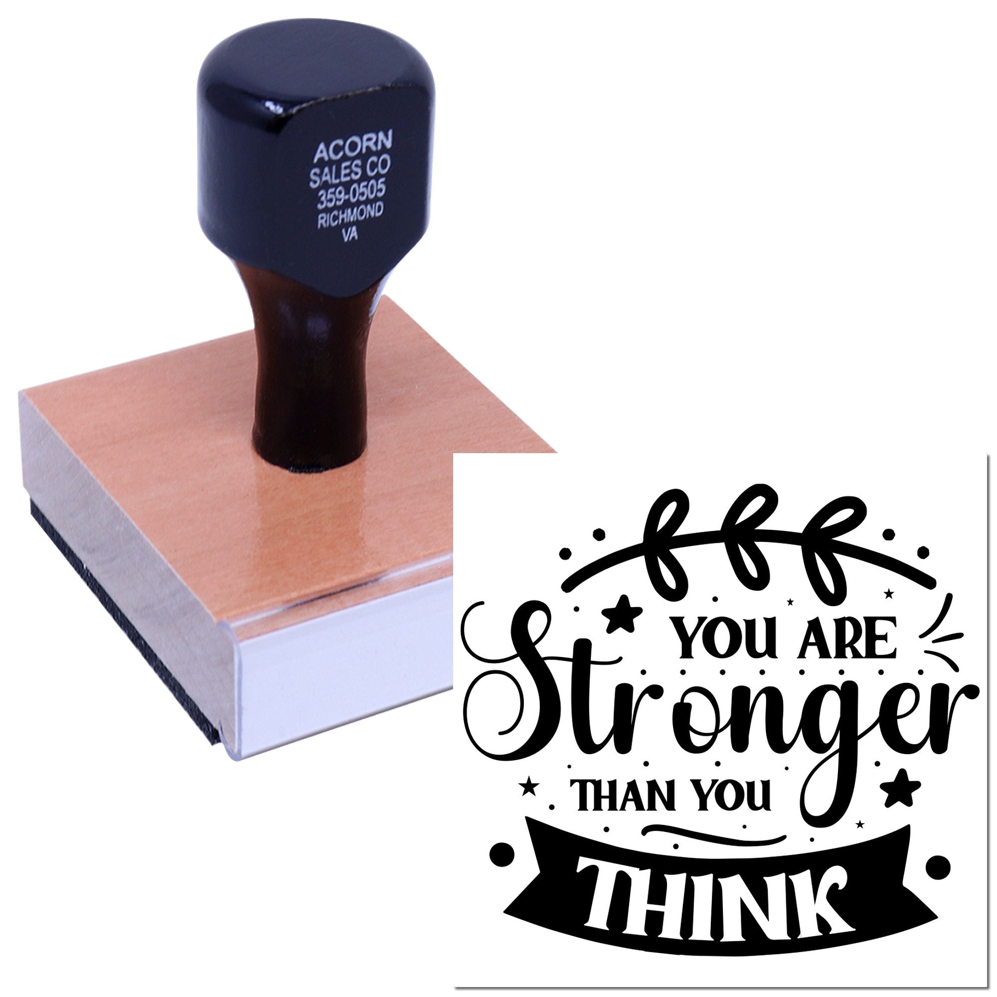 Custom motivational rubber stamp with You Are Stronger Than You Think design for crafting, packaging, and handmade cards.