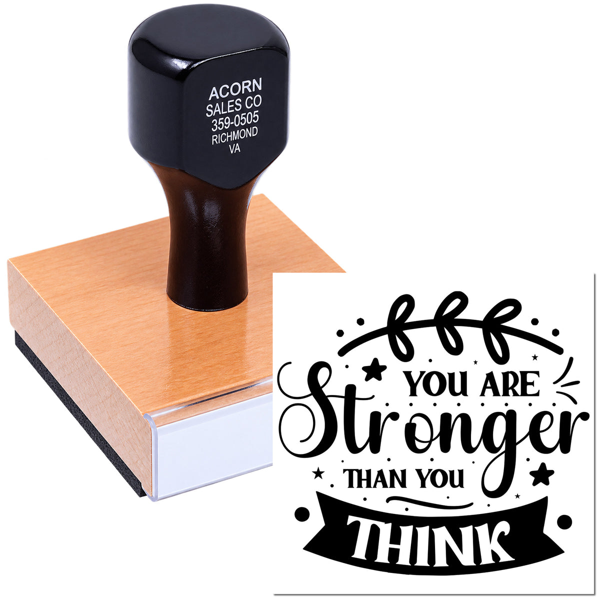 Custom motivational rubber stamp with You Are Stronger Than You Think design for crafting, packaging, and handmade cards.