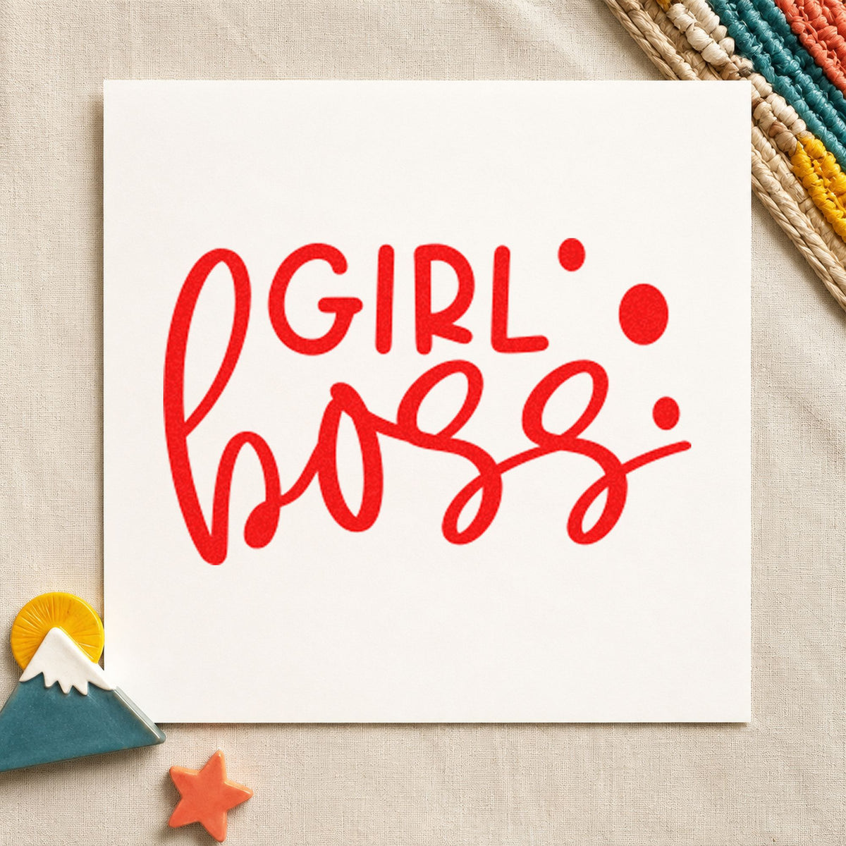 Girl Boss Bold Script rubber stamp shown in red ink, stamped for projects such as bin product labels.