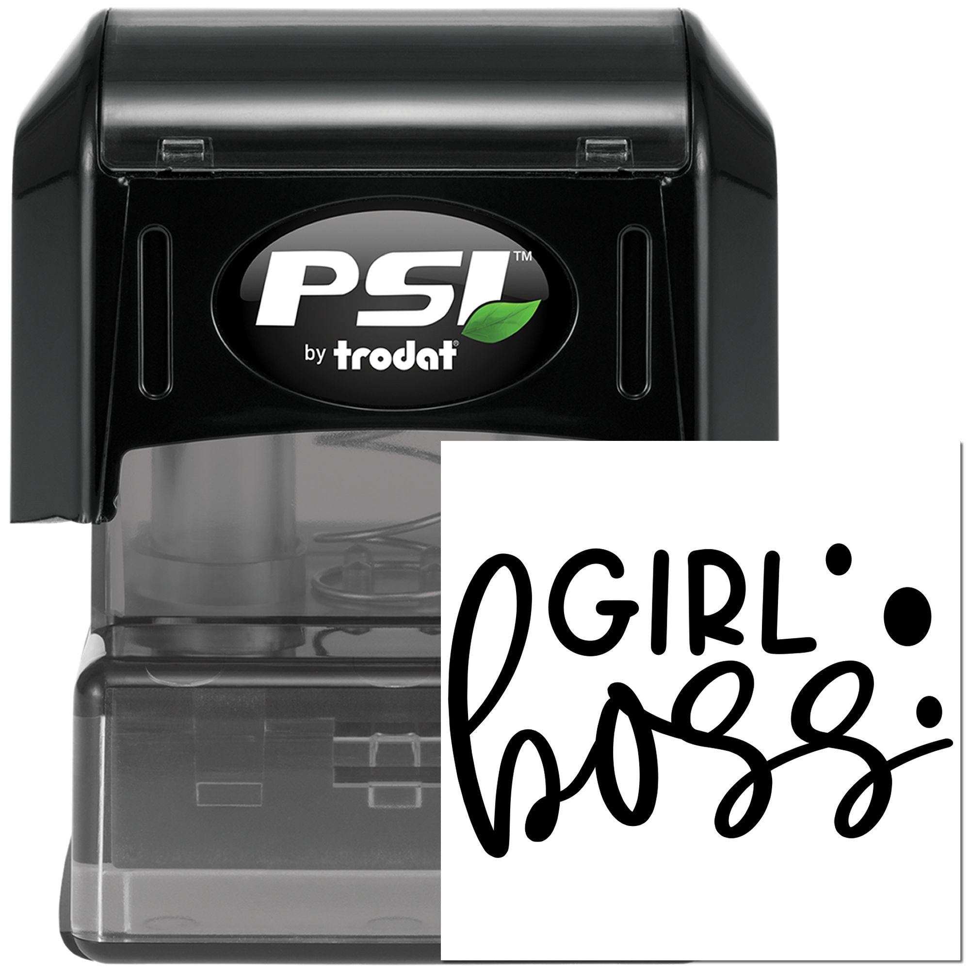 PSI by Trodat self-inking rubber stamp with Girl Boss imprint for custom office, branding, or craft use.