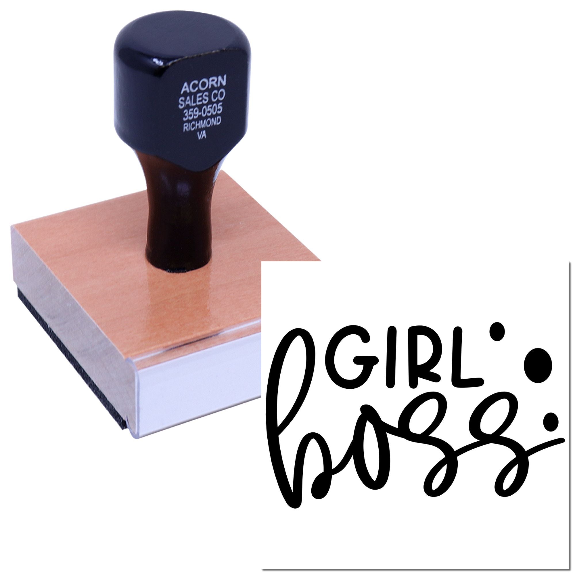 Custom wood handle rubber stamp with logo imprint for business branding and packaging.