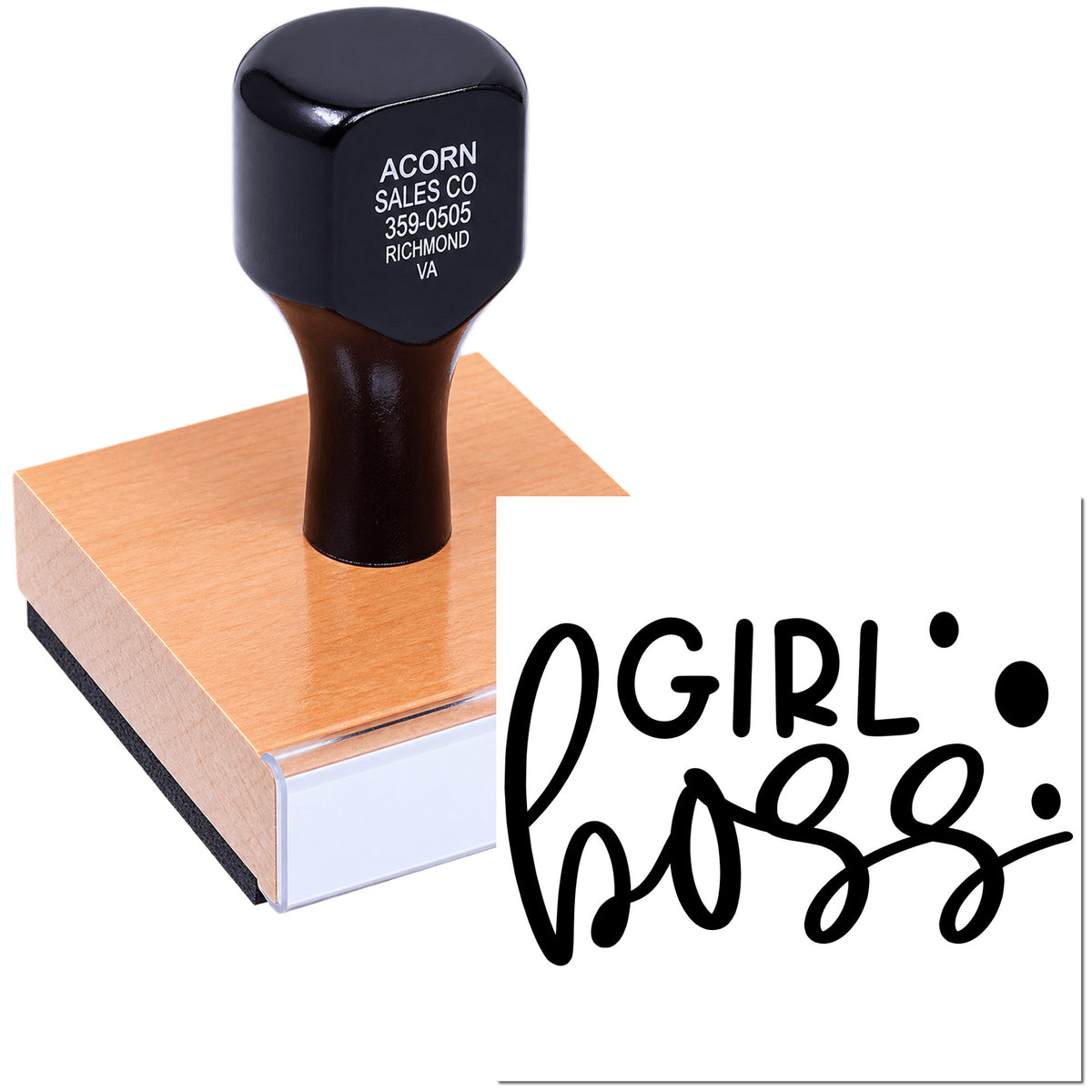 Custom wood handle rubber stamp with logo imprint for business branding and packaging.