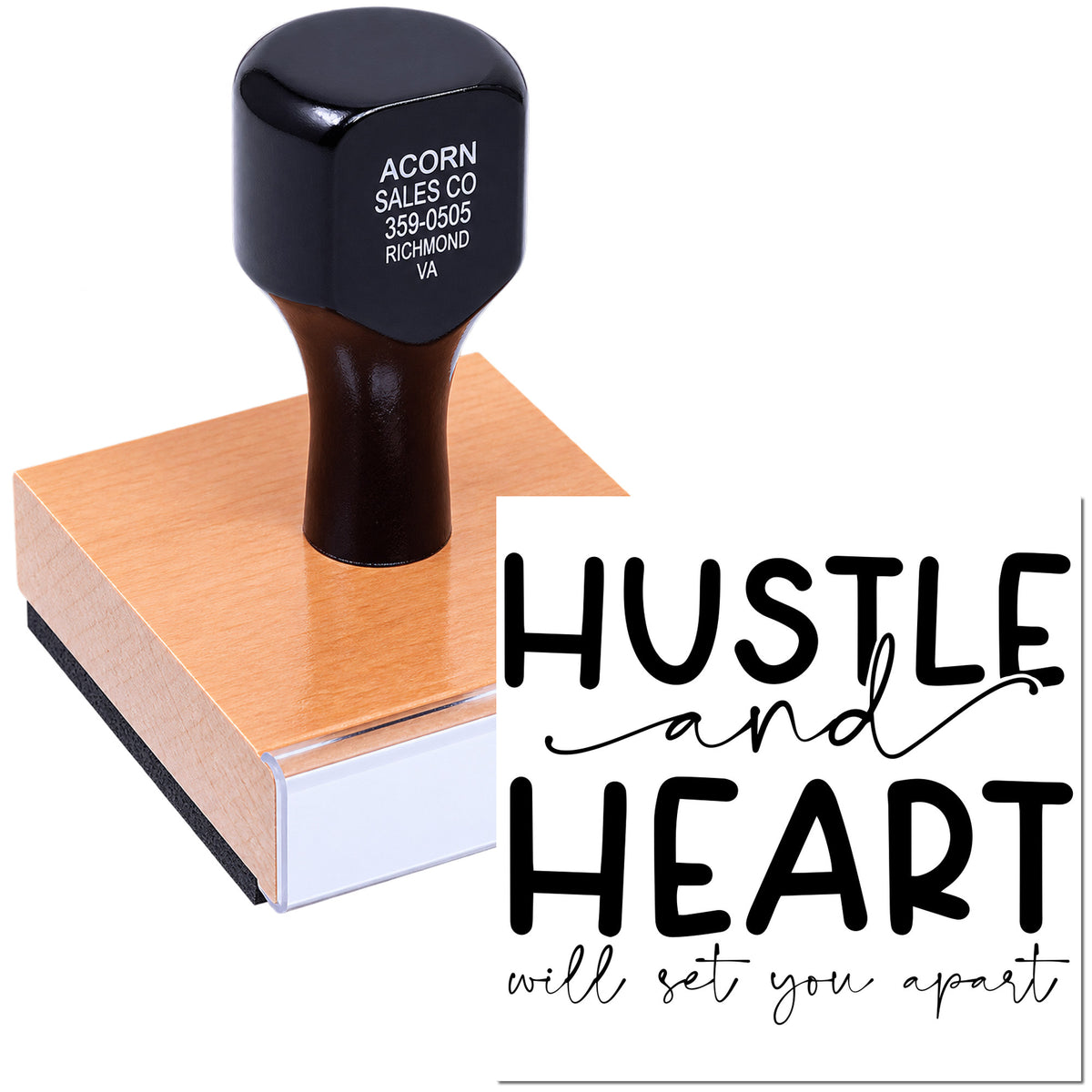 Custom motivational rubber stamp featuring Hustle and Heart Will Set You Apart for business branding, packaging, and handmade use.