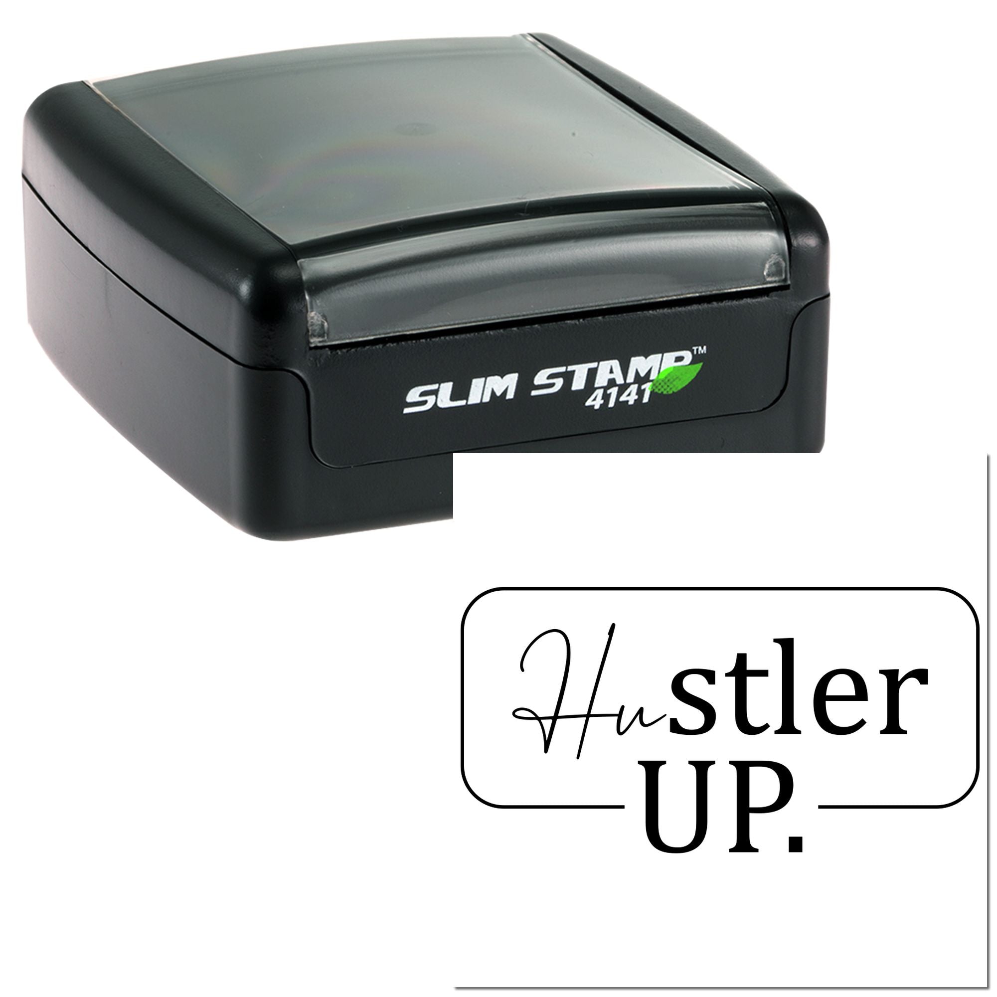 Black Slim Stamp 4141 self-inking rubber stamp with custom Hustler UP. imprint for business branding and labeling