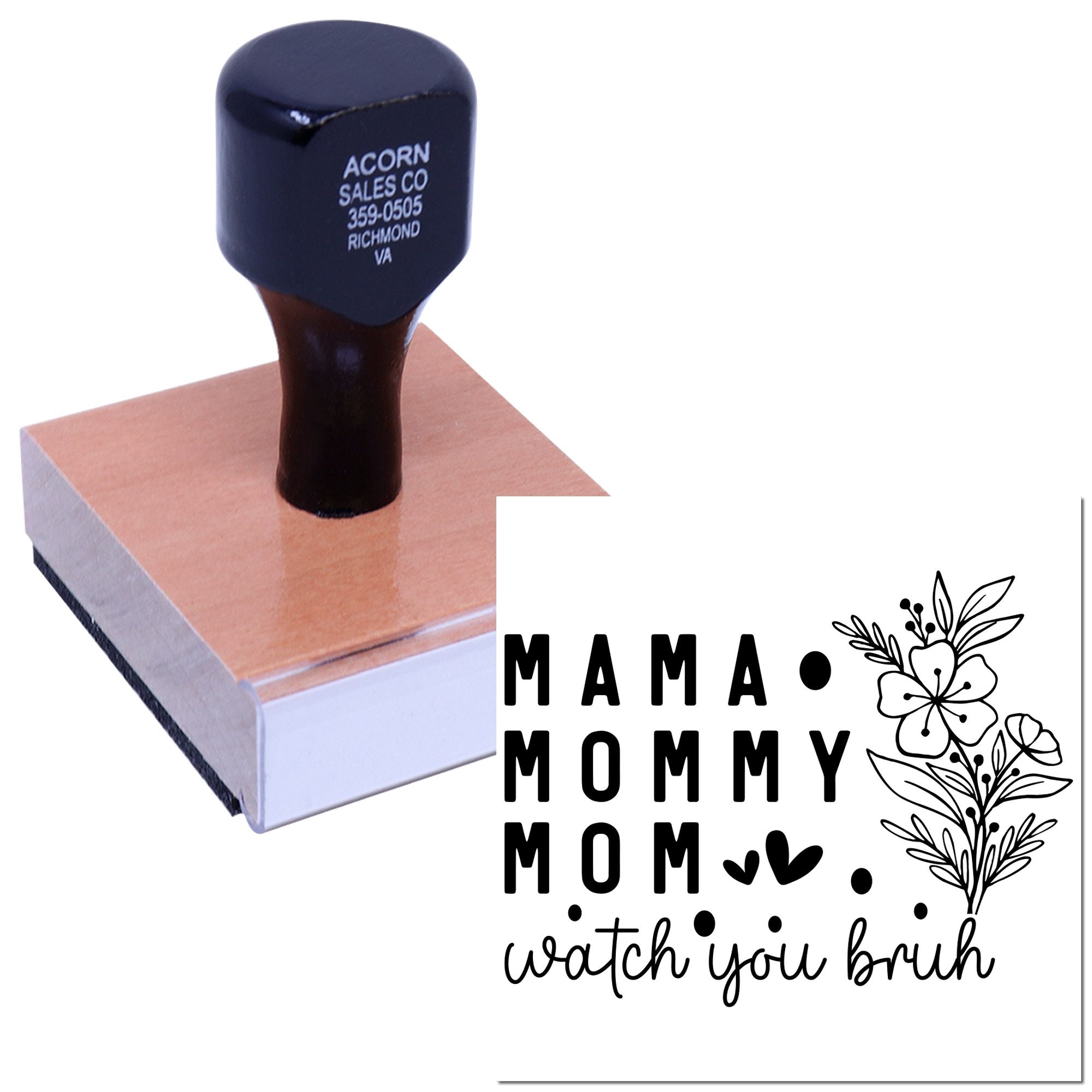 Custom self-inking rubber stamp with Mama Mommy Mom floral design, ideal for handmade Mothers Day cards.